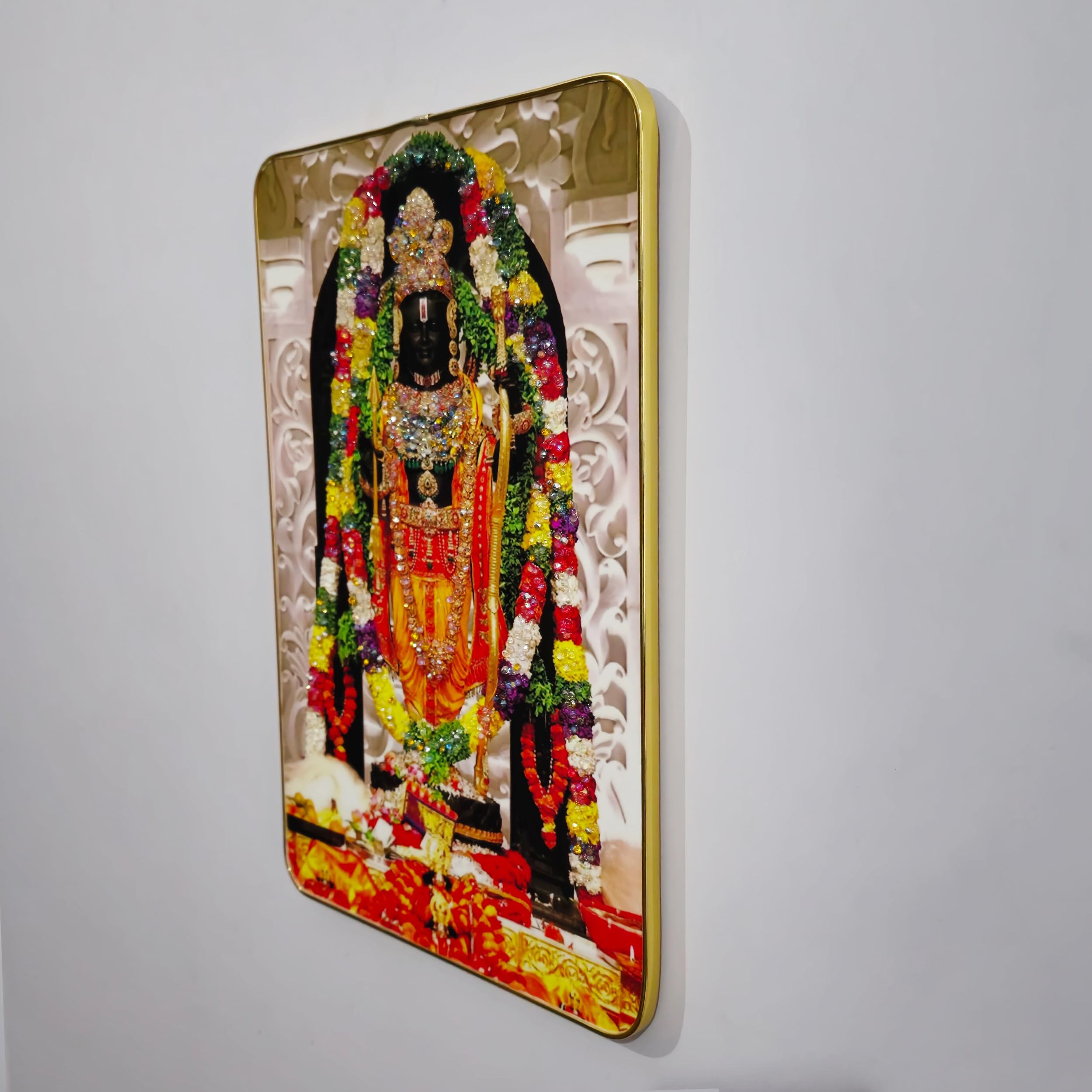 Masstone Ram Lalla Ayodhya Model Wall Painting With Crystal Embedded High Gloss Surface Gold Slim Frame Embossed, 45X30 Cm Wall