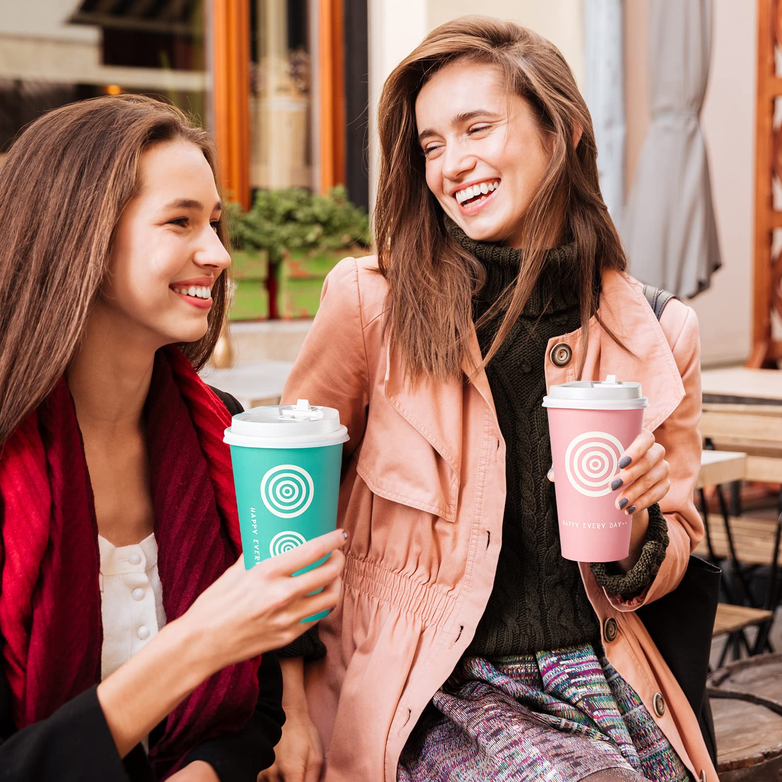 JollyPack 16 oz Paper Cups  100 Pack Disposable Coffee Cups with Lids and Stirrers  Hot Paper Cups for Cold/Hot Coffee  Juice  Tea. To Go Coffee Cups for Home  Store and Cafe (Pink and Green)