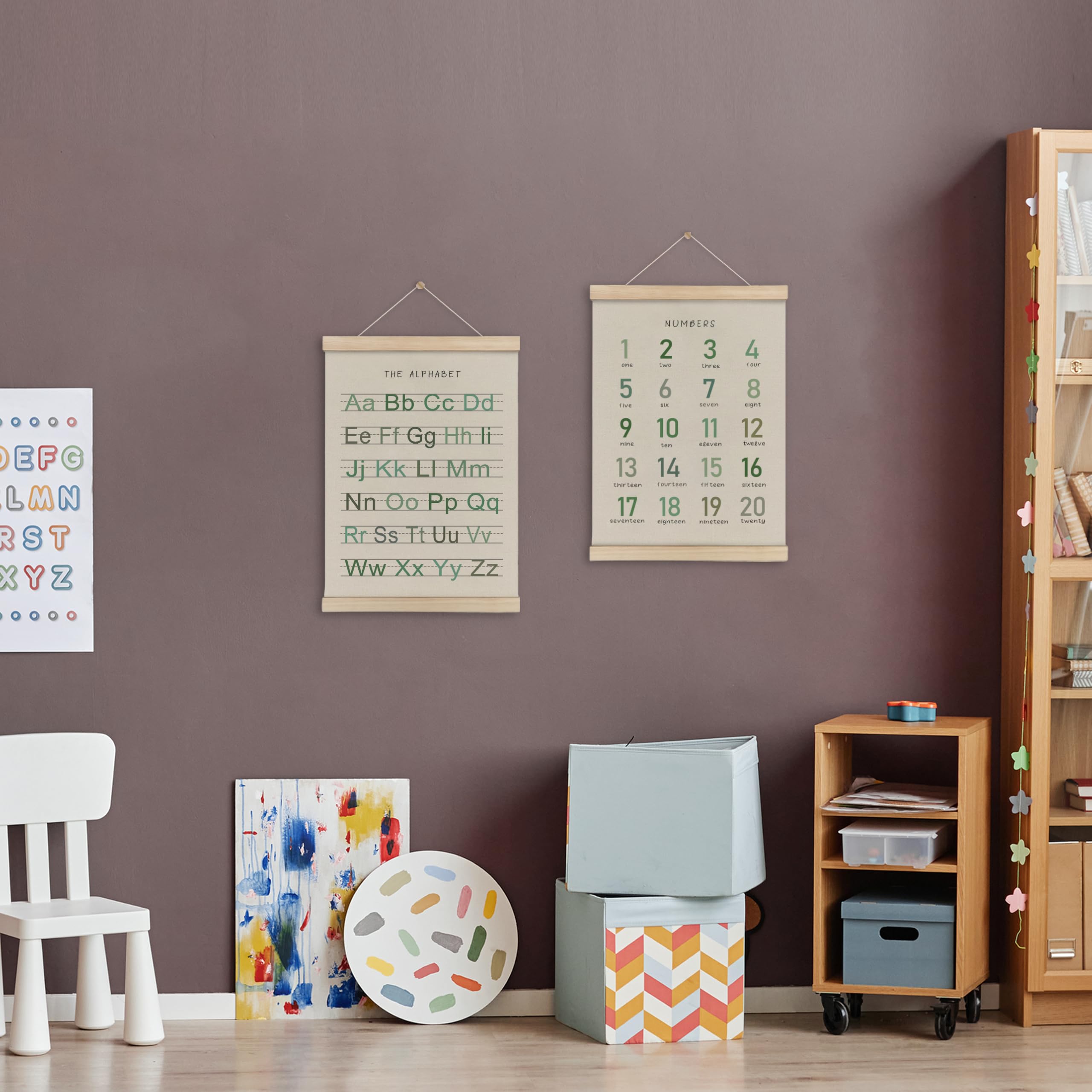 Hrqko Alphabet Numbers Poster Hanger Frame Set Of 2, Nursery Wall Decor, Boho Abc Poster Wall Art With Wooden Frames, Sage Green