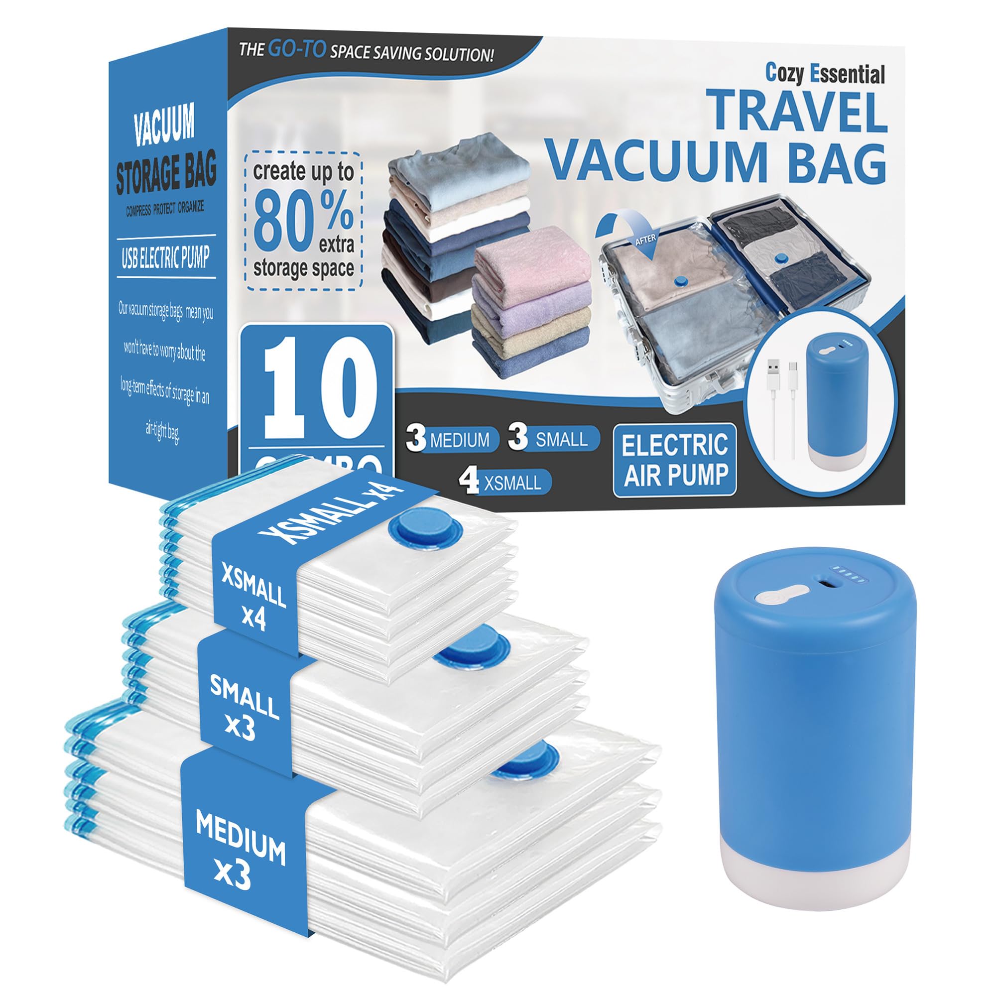Cozy Essential Travel Vacuum Bags with Rechargeable Electric Pump, 10 Pack Vacuum Travel Bags for Luggage and Suitcase, Vacuum S