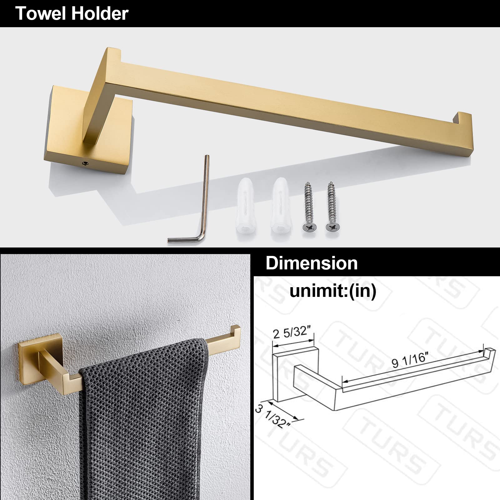 Turs Brushed Gold 3-Piece Bathroom Hardware Set Stainless Steel Gold Hand Towel Holder Toilet Paper Holder Towel Hook Wall Mount