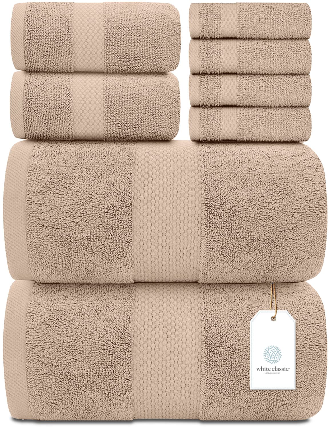 White Classic Luxury Taupe Bath Towel Set - Combed Cotton Hotel Quality Absorbent 8 Piece Towels | 2 Bath Towels | 2 Hand Towels