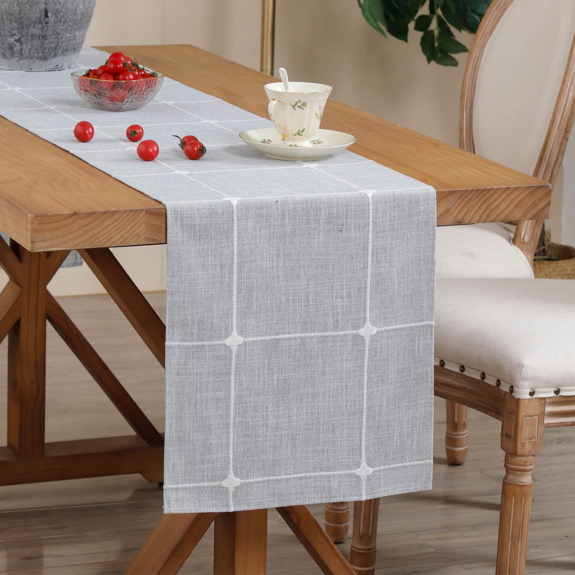 Embroidered Linen Table Runner Rustic Plaid Farmhouse Table Runners Checkered Rectangle Runner For Dinning Dresser Coffee Party