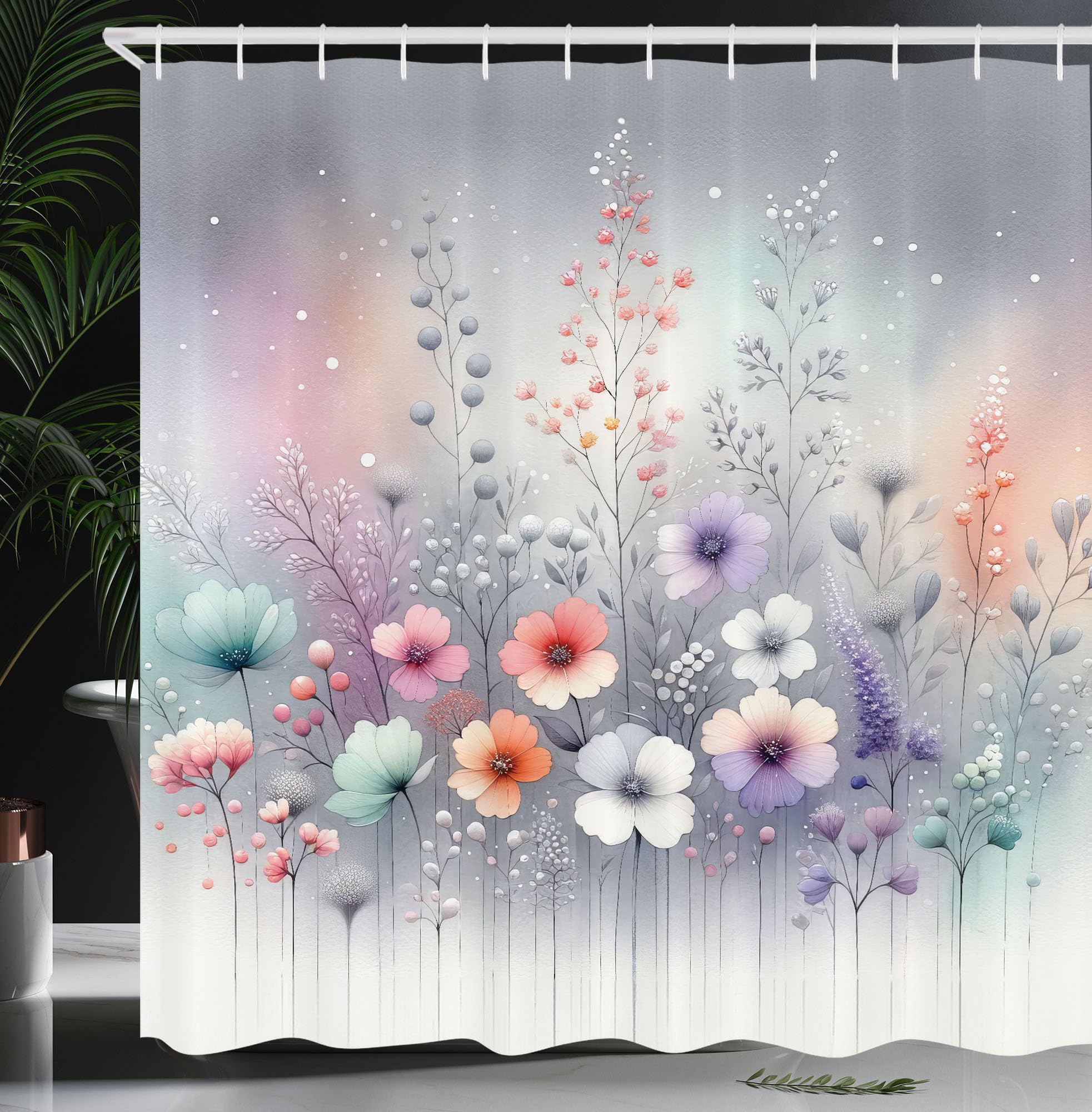 Ambesonne Floral Shower Curtain, Winter Fantasy Themed Dreamy Atmosphere And Blooming Delicate Flowers, Cloth Fabric Bathroom De