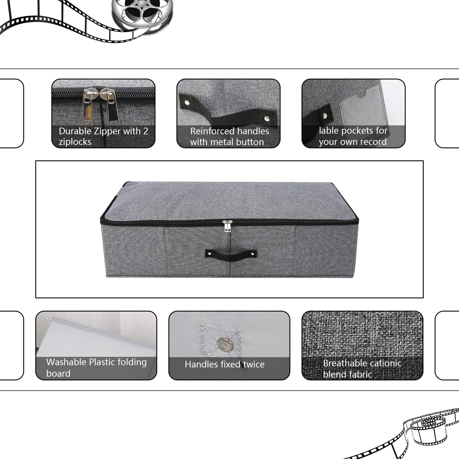 2PCS Foldable Under Bed Storage Box with Plastic Support Liner, Handles, Zipper lid, Blankets Clothes Comforters Storage Bin Org