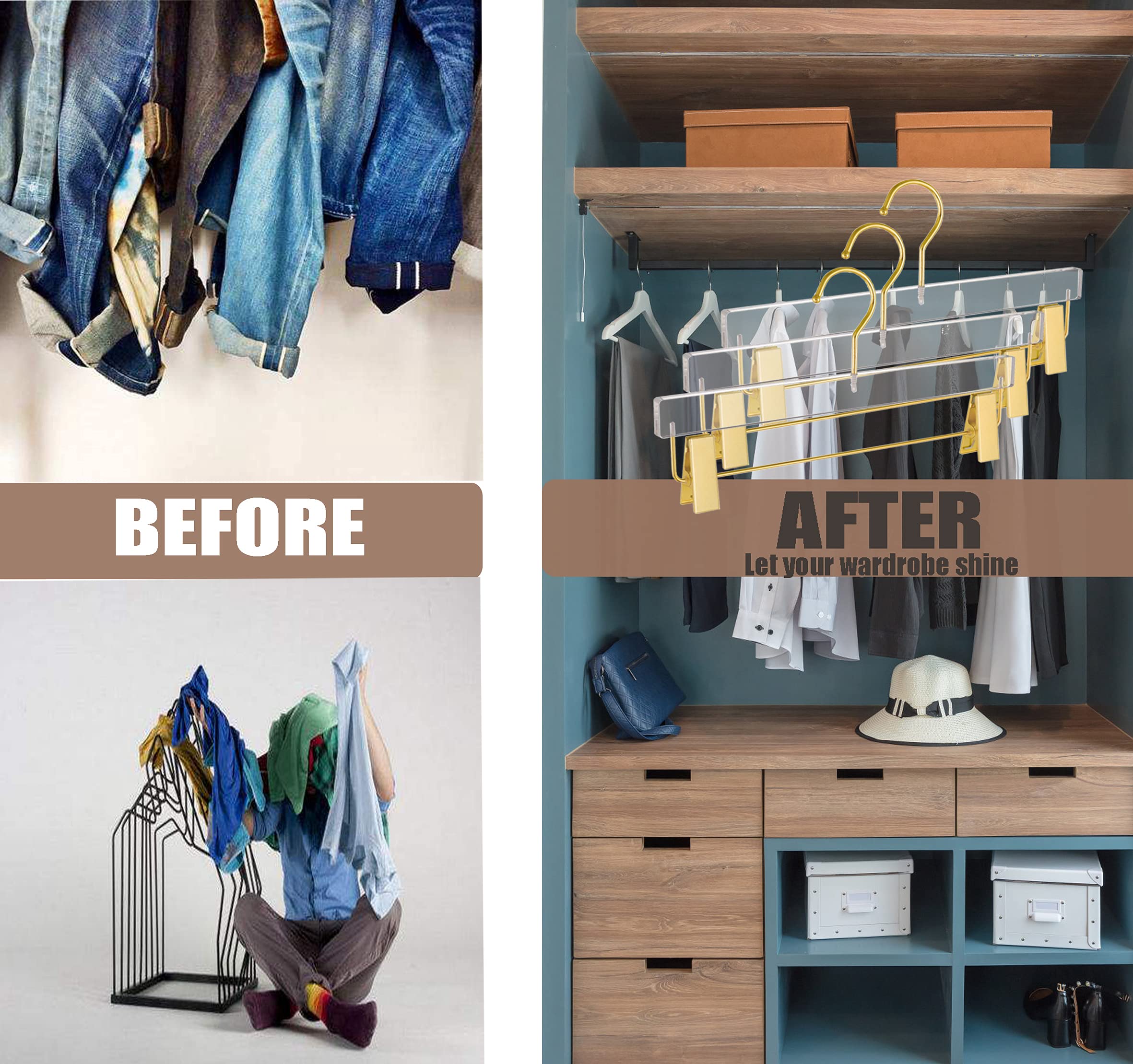 Besser 10 Pack Gold Acrylic Hangers,Clear Hangers With Gold Hooks,Luxurious Skirt Pants Hangers Gold Clips For Clothing Closet S