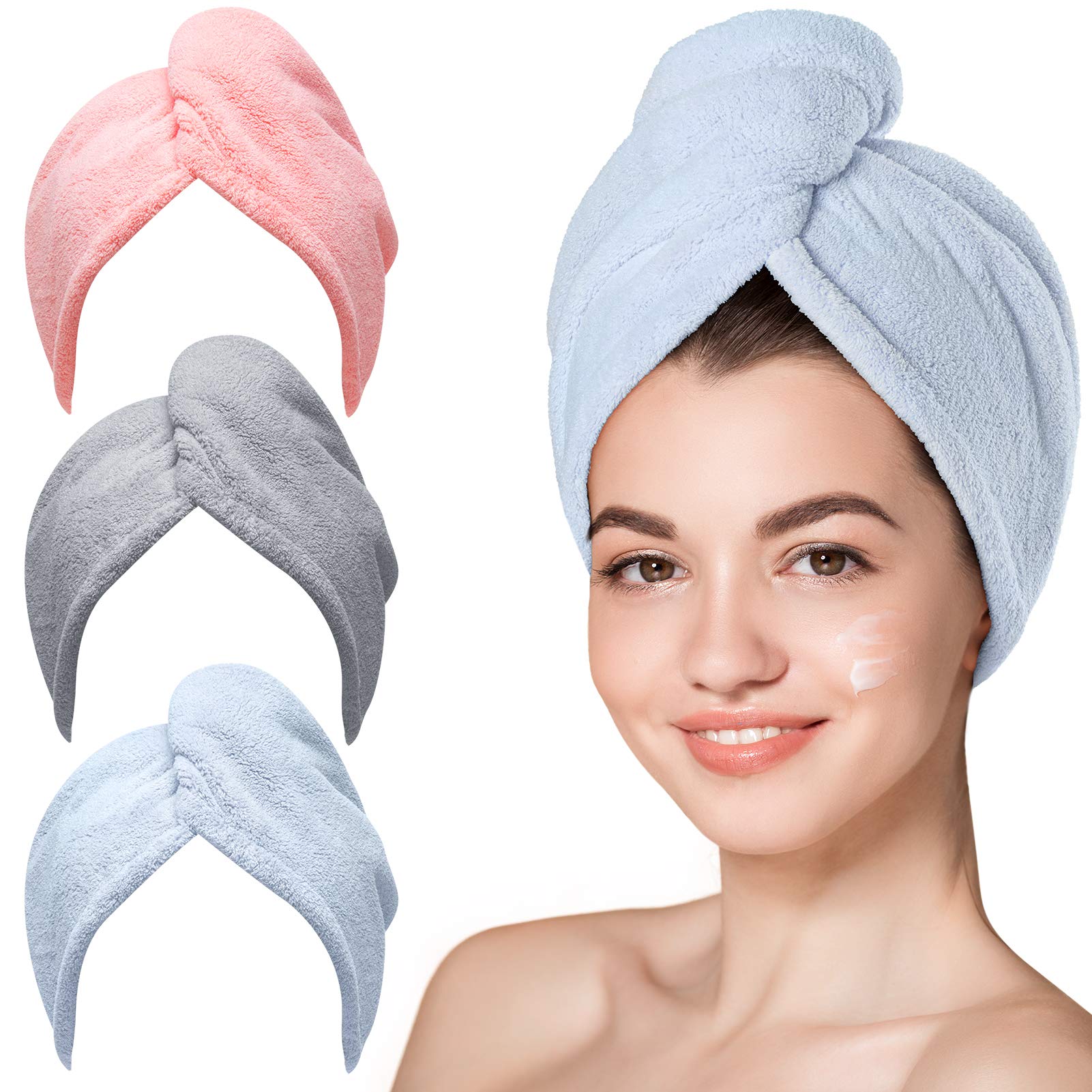 Hicober Microfiber Hair Towel, 3 Packs Hair Turbans for Wet Hair, Drying Hair Wrap Towels for Curly Hair Women Anti Frizz (Blue,