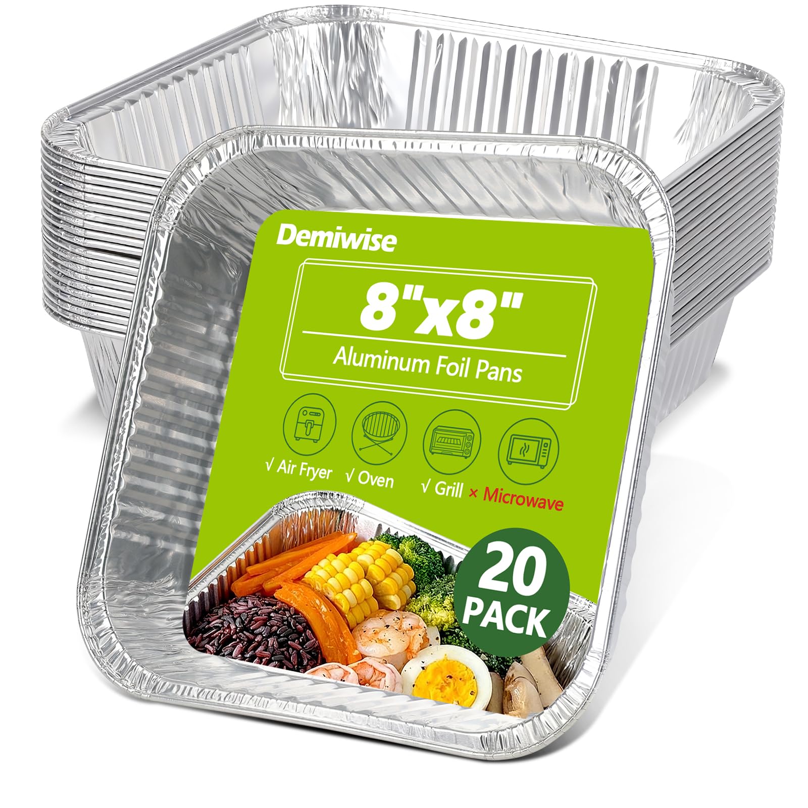 Demiwise Thickened 20 Pack Heavy Duty Aluminum Pans, 8x8 Small Disposable Aluminum Baking Pans, Square Tin Foil Roasting Tray fo