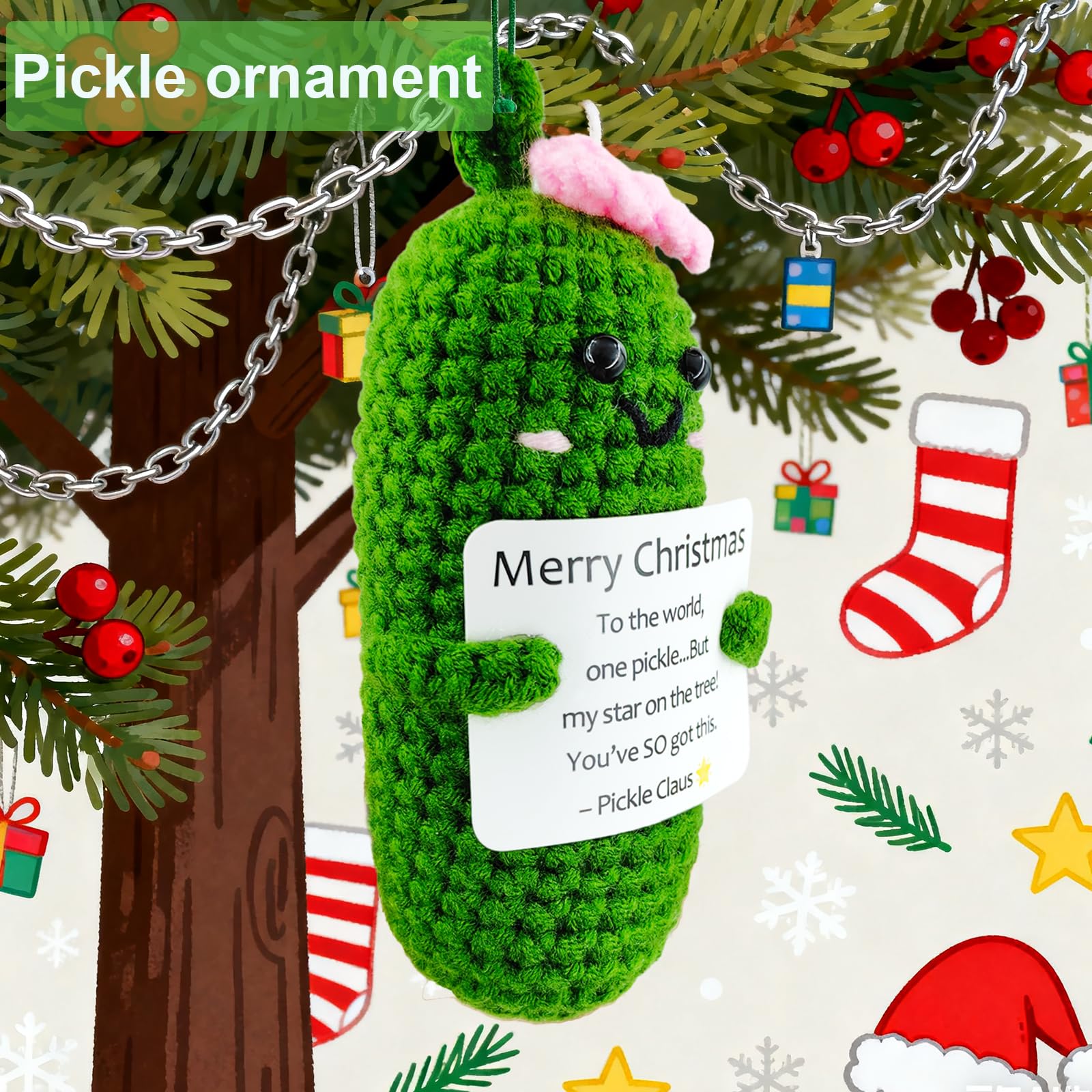 SIMXEHAY Handmade Crochet Merry Christmas Pickle Gift,Funny Festival Wishes Pickle Ornament with Encouragement Cards, Cute Knitt