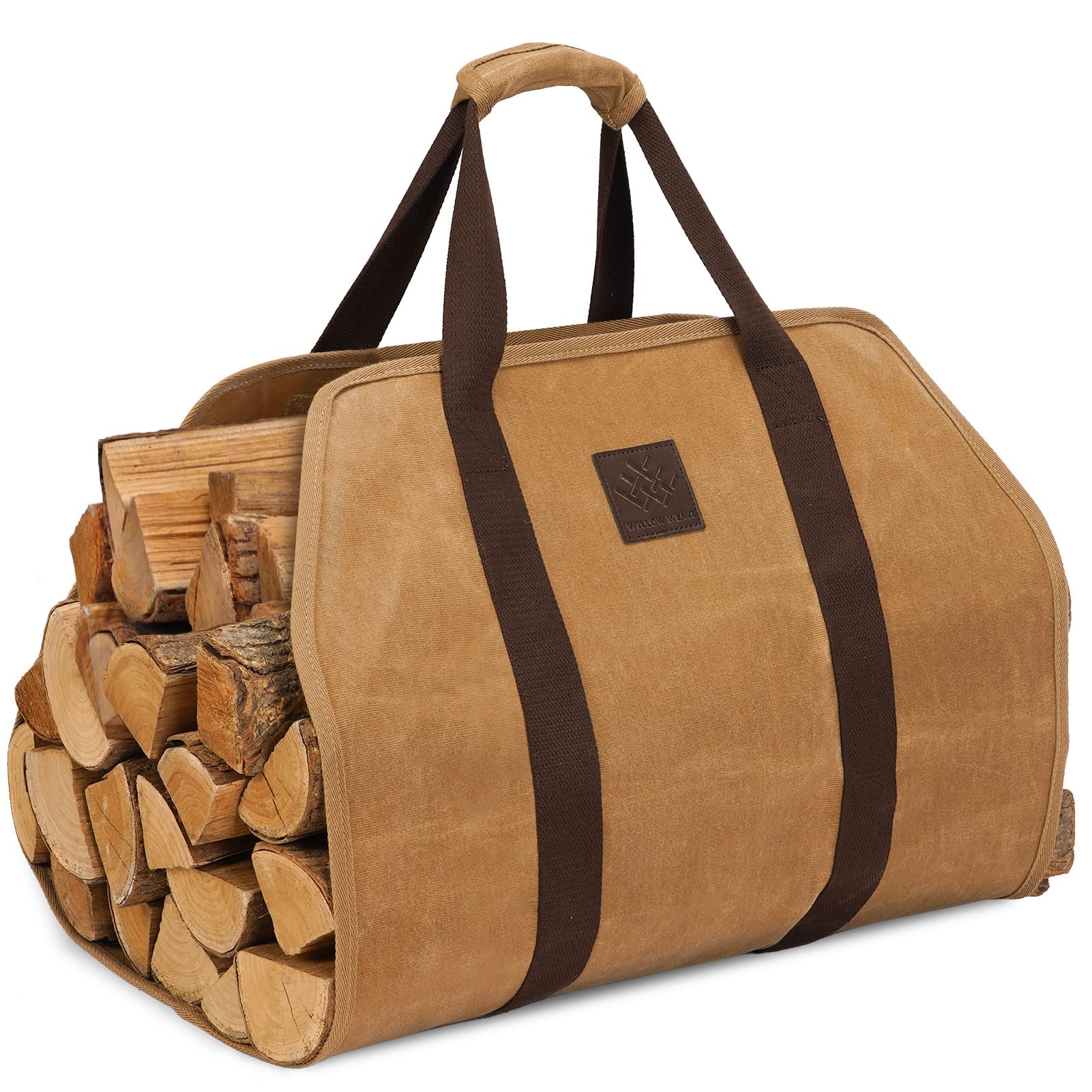 Willow Weave Firewood Carrier Bag, Khaki Color, Water-Resistant, 40'' L X 19'' W, With Padded Handle, Cross-Stitched Straps, Fol