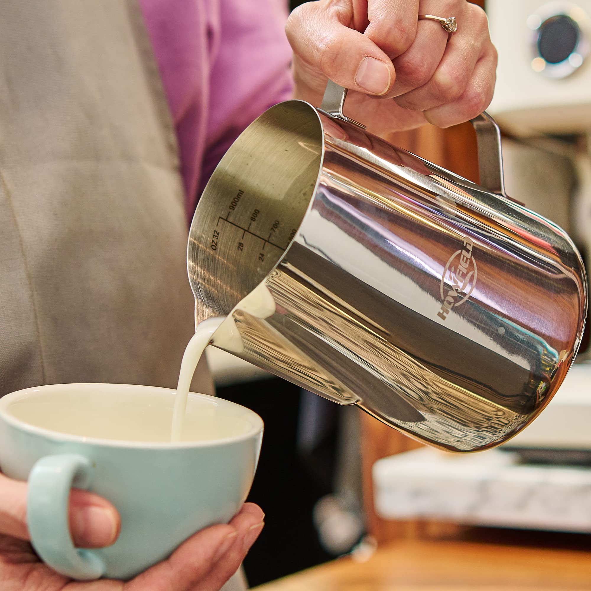 Milk Steaming Pitcher Frother Cup - Espresso Machine Accessories Frothing Pitcher,Milk Frother Cup Stainless Steel 32 Oz,Milk Co