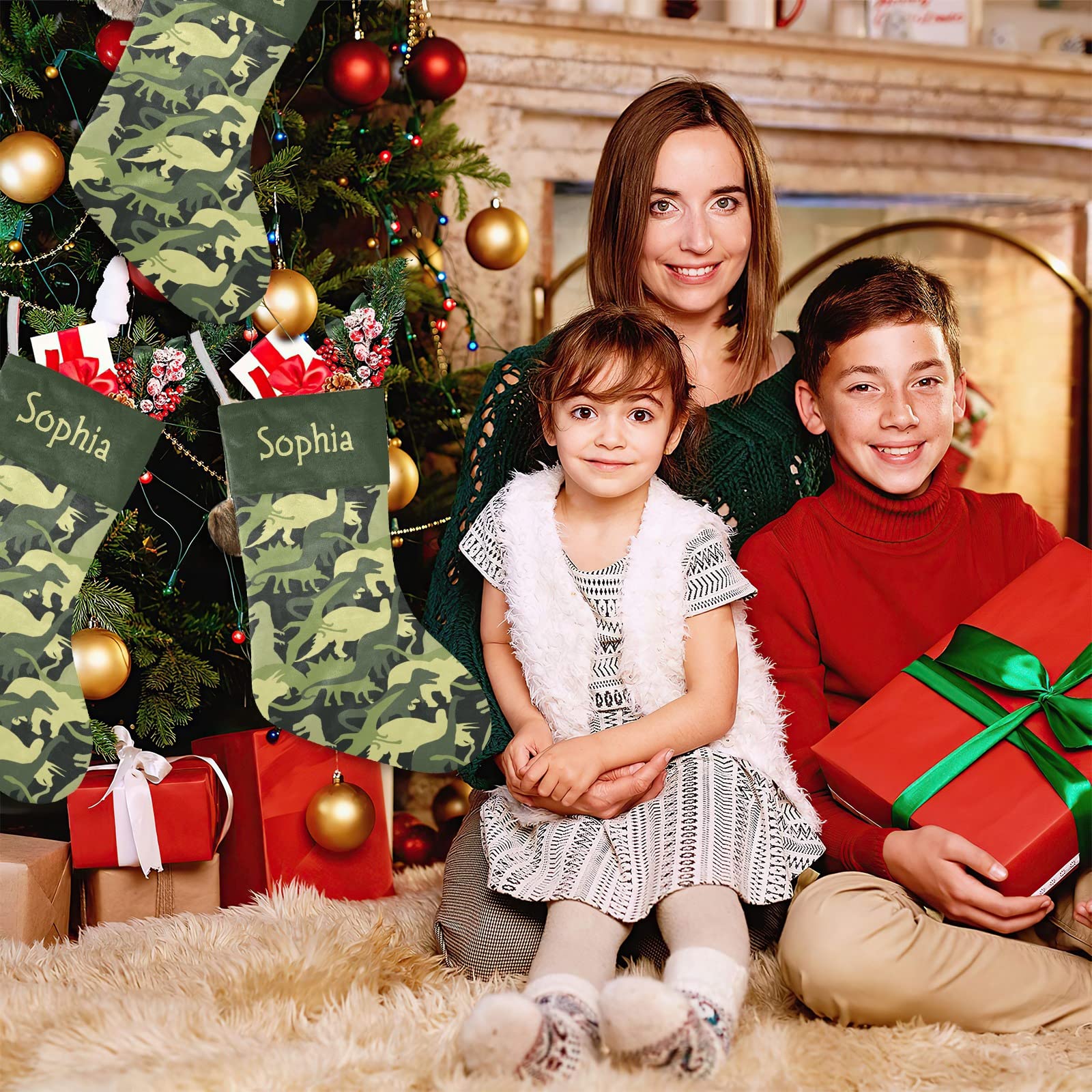 Personalized Custom Name Christmas Stockings Camouflage Dinosaur Holiday Birthday Decor for Kid Pets 17.52 x 7.87 Inch