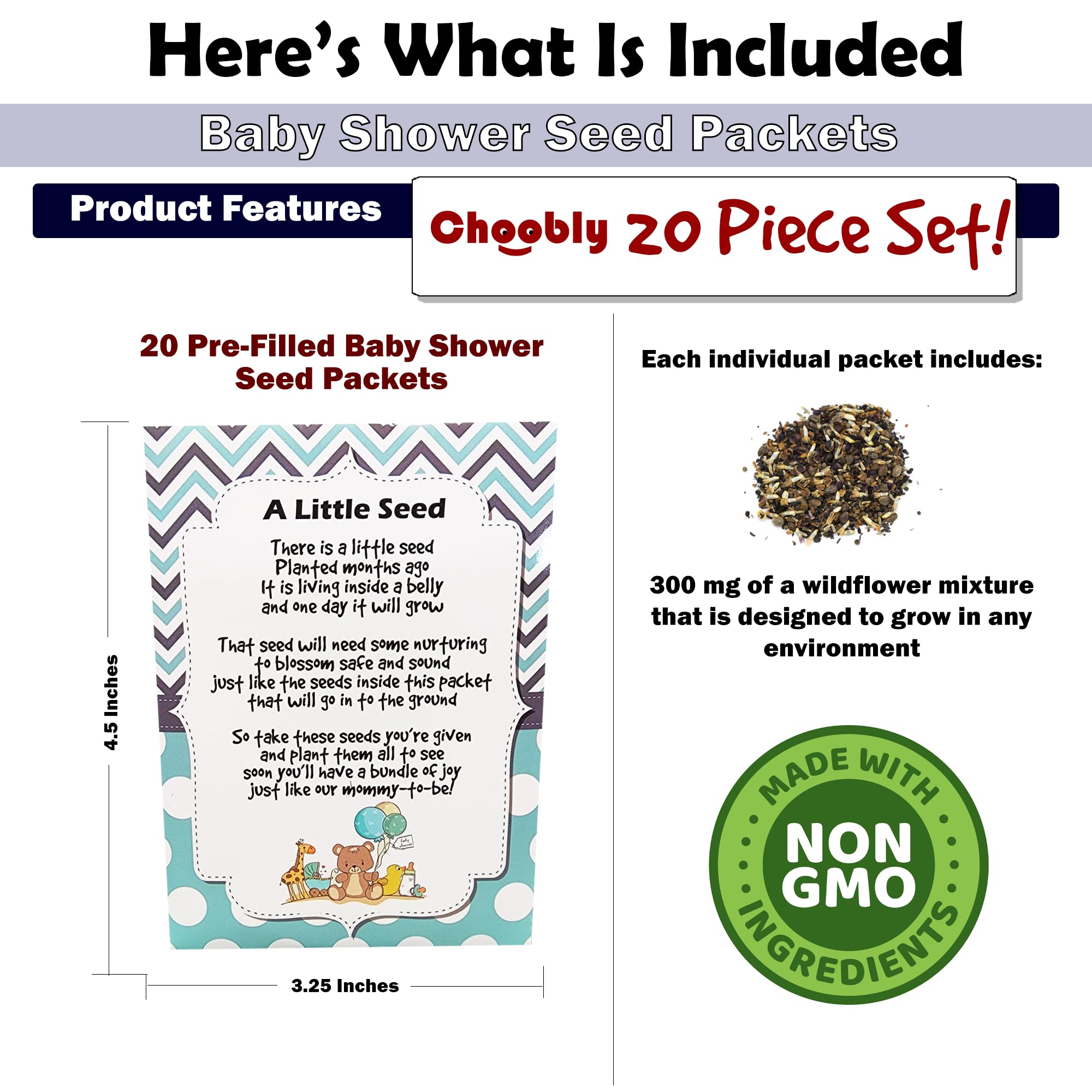Choobly | Boy Baby Shower Favors For Guests | 20 Wildflower Seeds Packets | Pre-Filled | Bouquet Seed Mix | Non-Gmo Seeds | Seed