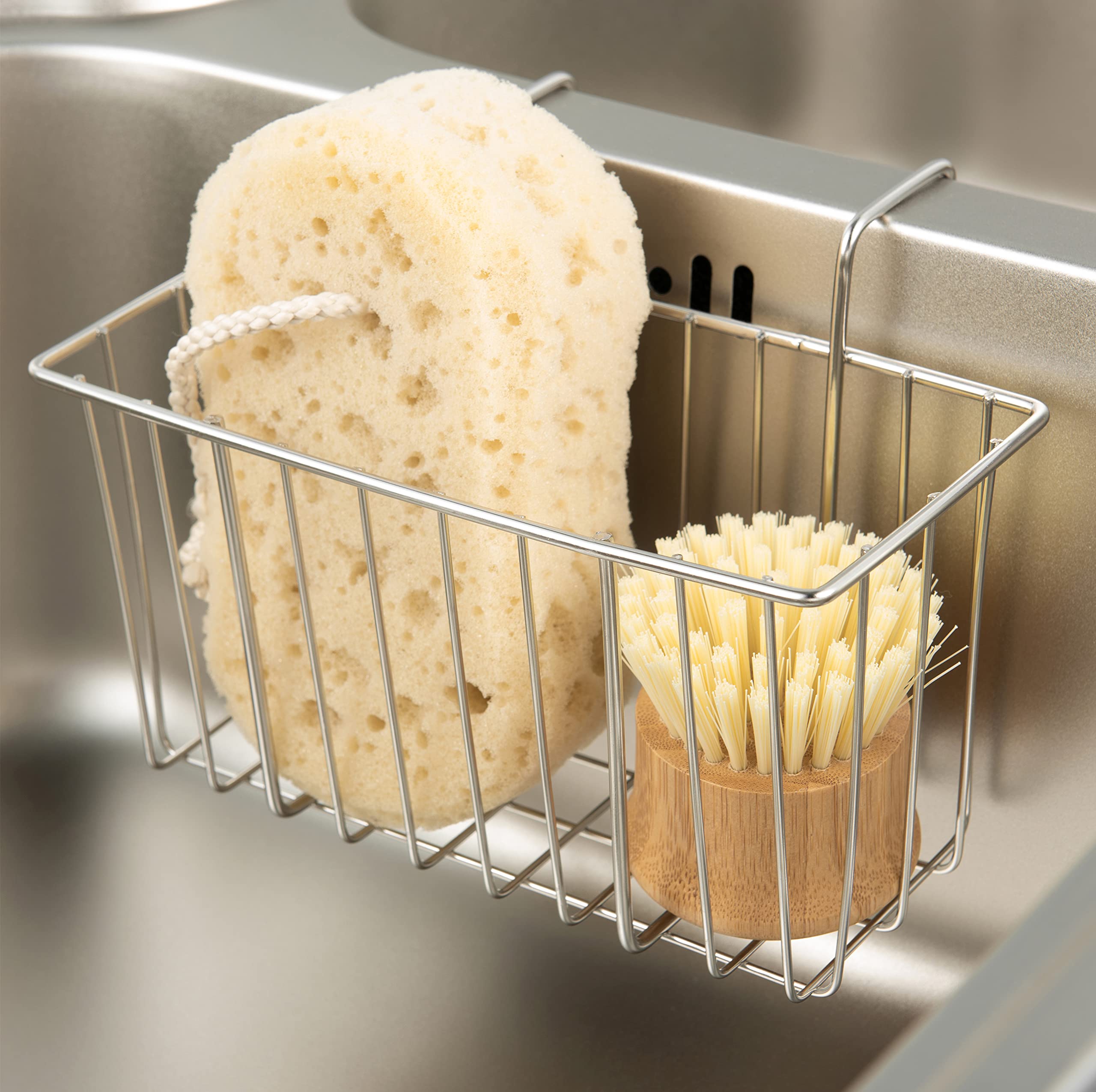 Damita Kitchen Sponge Holder, Sink Basket Sink Caddy Brush Dishwashing Liquid Drainer Rack Silver, Medium