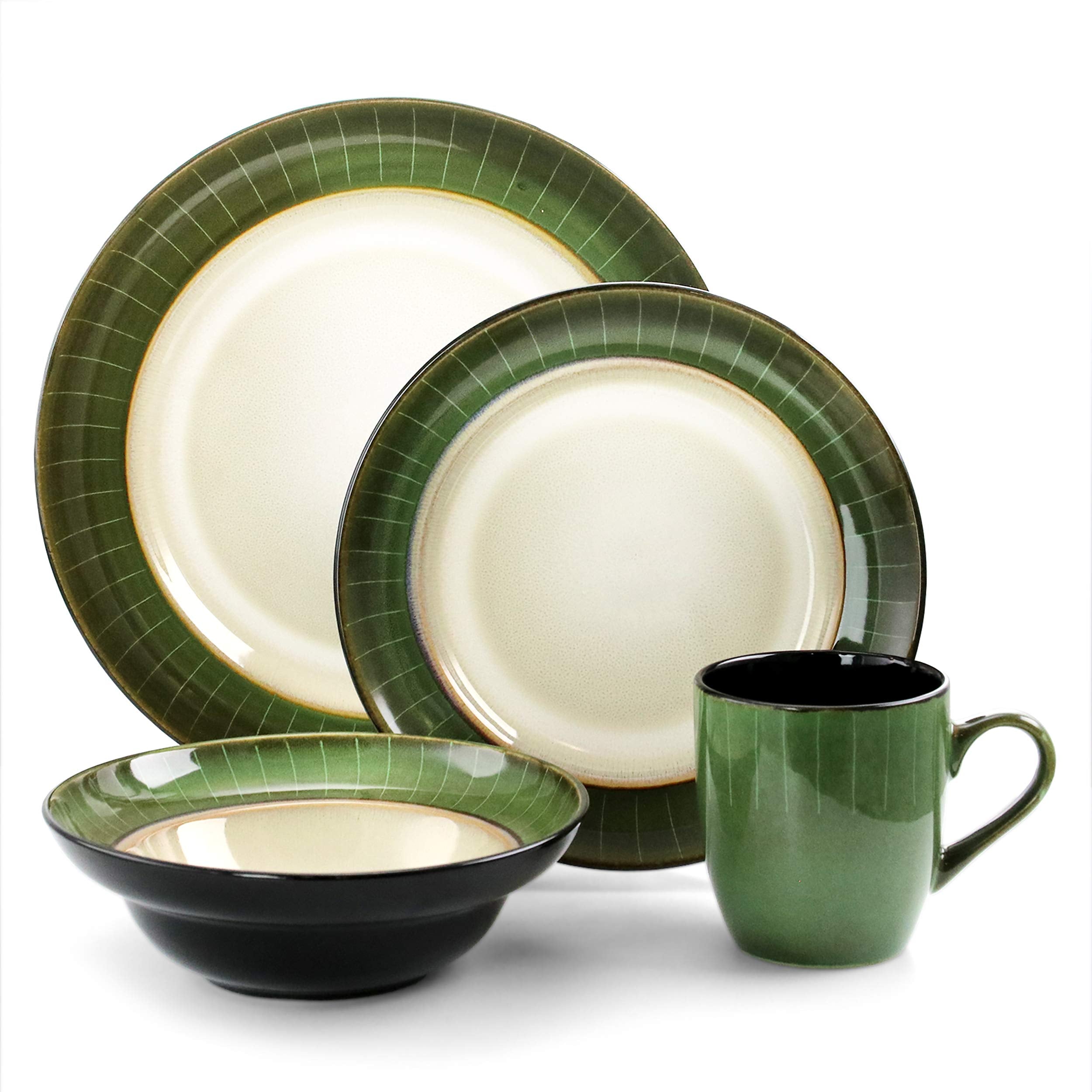 Elama Grand Piece Luxurious Stoneware Dinnerware with Complete 4, 16pc, 16 pc set, Jade and white