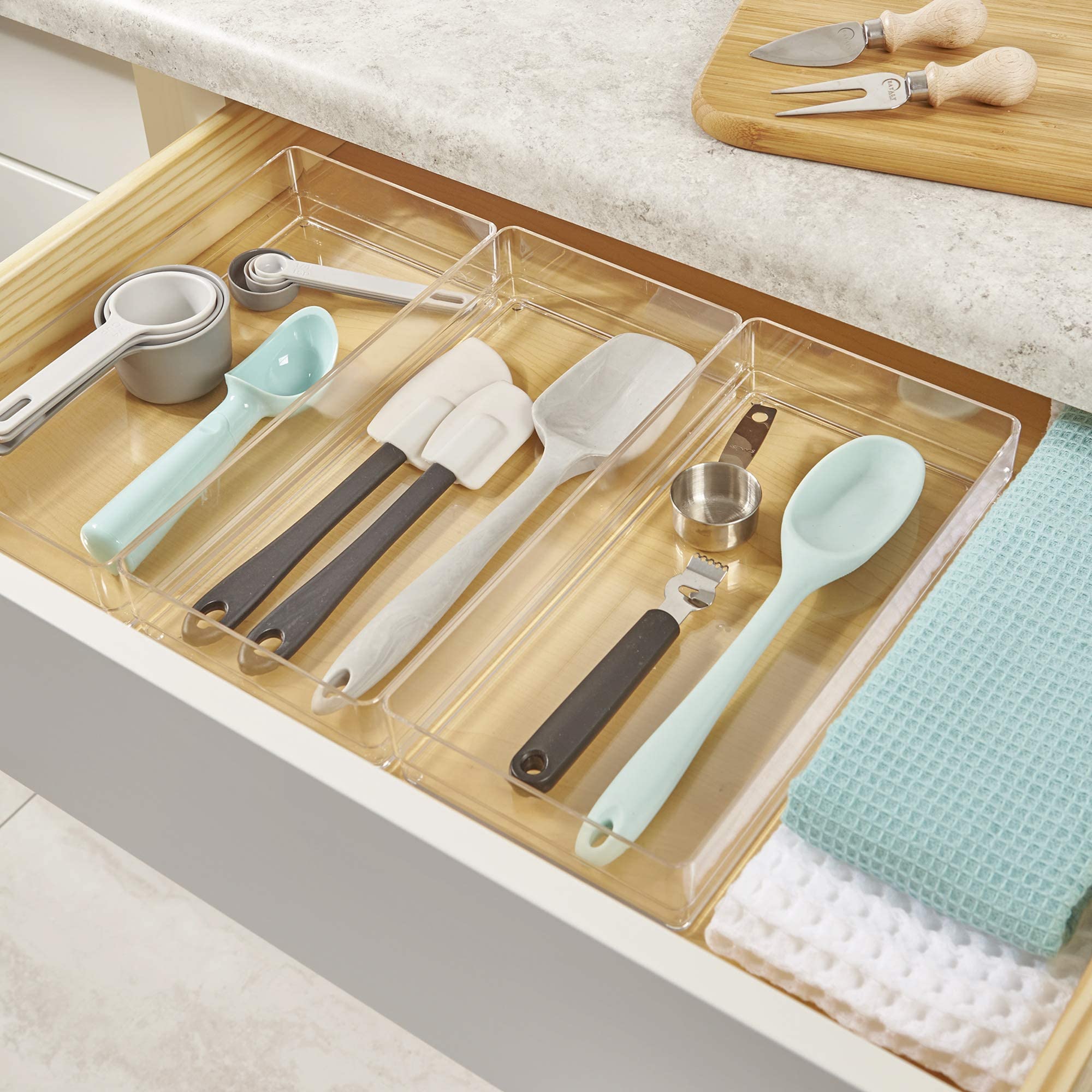 STORi SimpleSort 3-Piece Stackable Clear Drawer Organizer Set | 12'' x 6'' x 2'' Rectangle Trays | Wide Makeup Vanity Storage Bi
