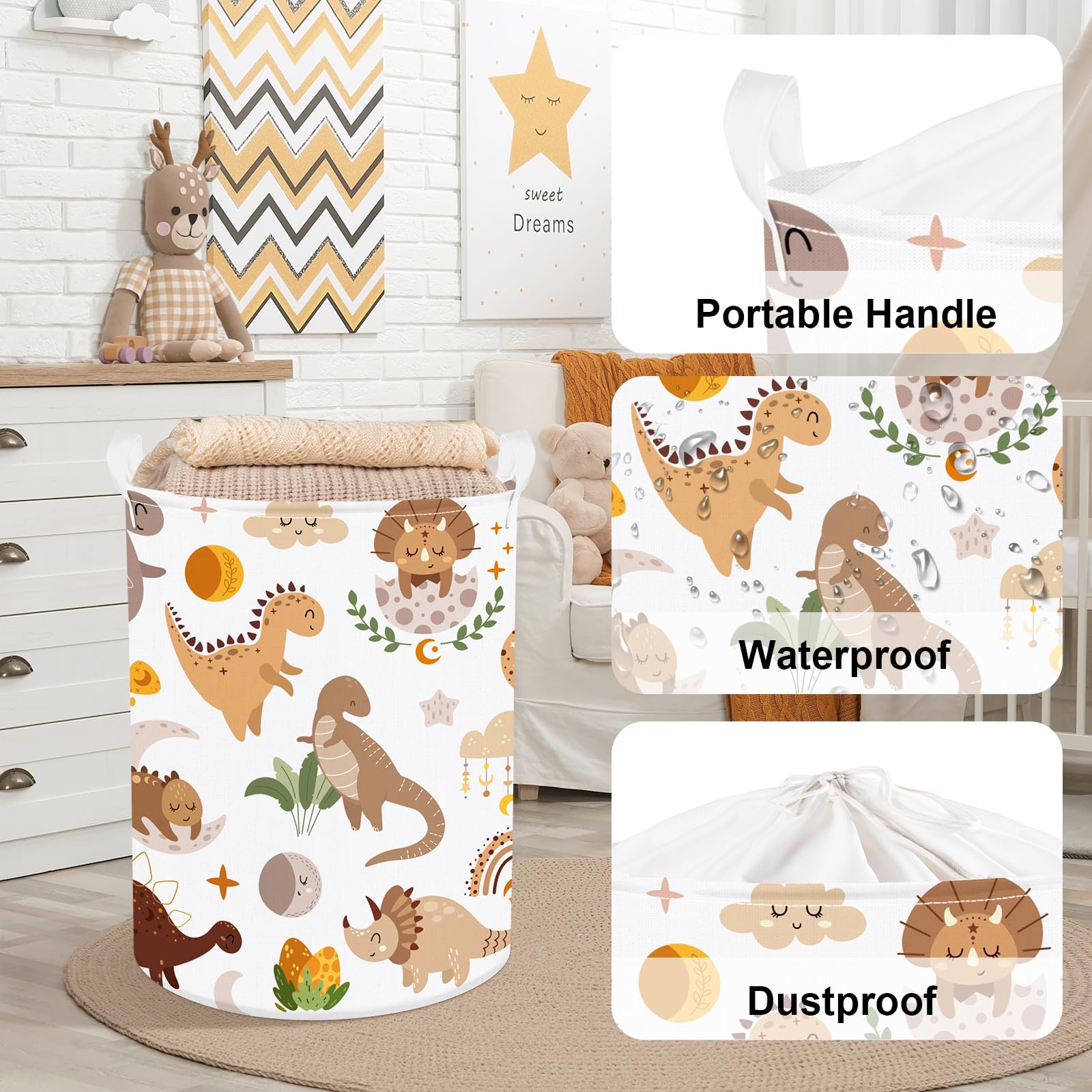 Clastyle 45L Large Boho Dinosaur Boy Book Toy Storage Basket Dino Palm Leaves Clothes Laundry Hamper For Kid Room Nursery, Brown