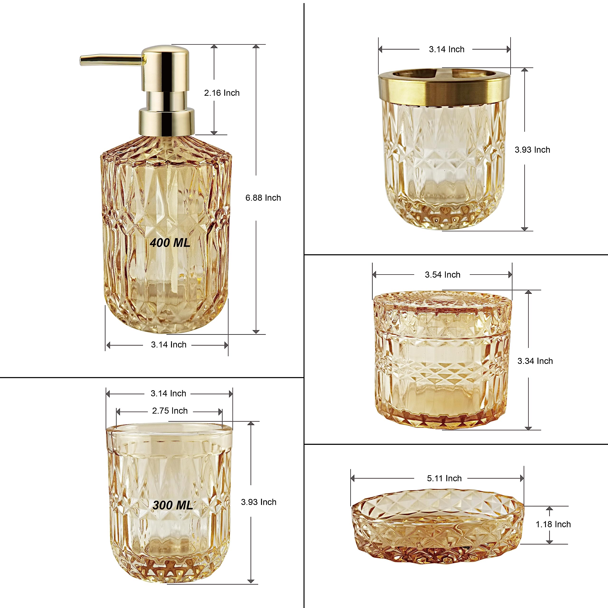 LaMarriti 5Pcs Clear Gold Glass Bathroom Accessory Complete Set  Lotion Dispenser  Soap Dish  Tumbler  Cotton Swab Jars  Toothbrush Holder Set Bathroom Decor and Gift Set  Golden  Yellow-Orange