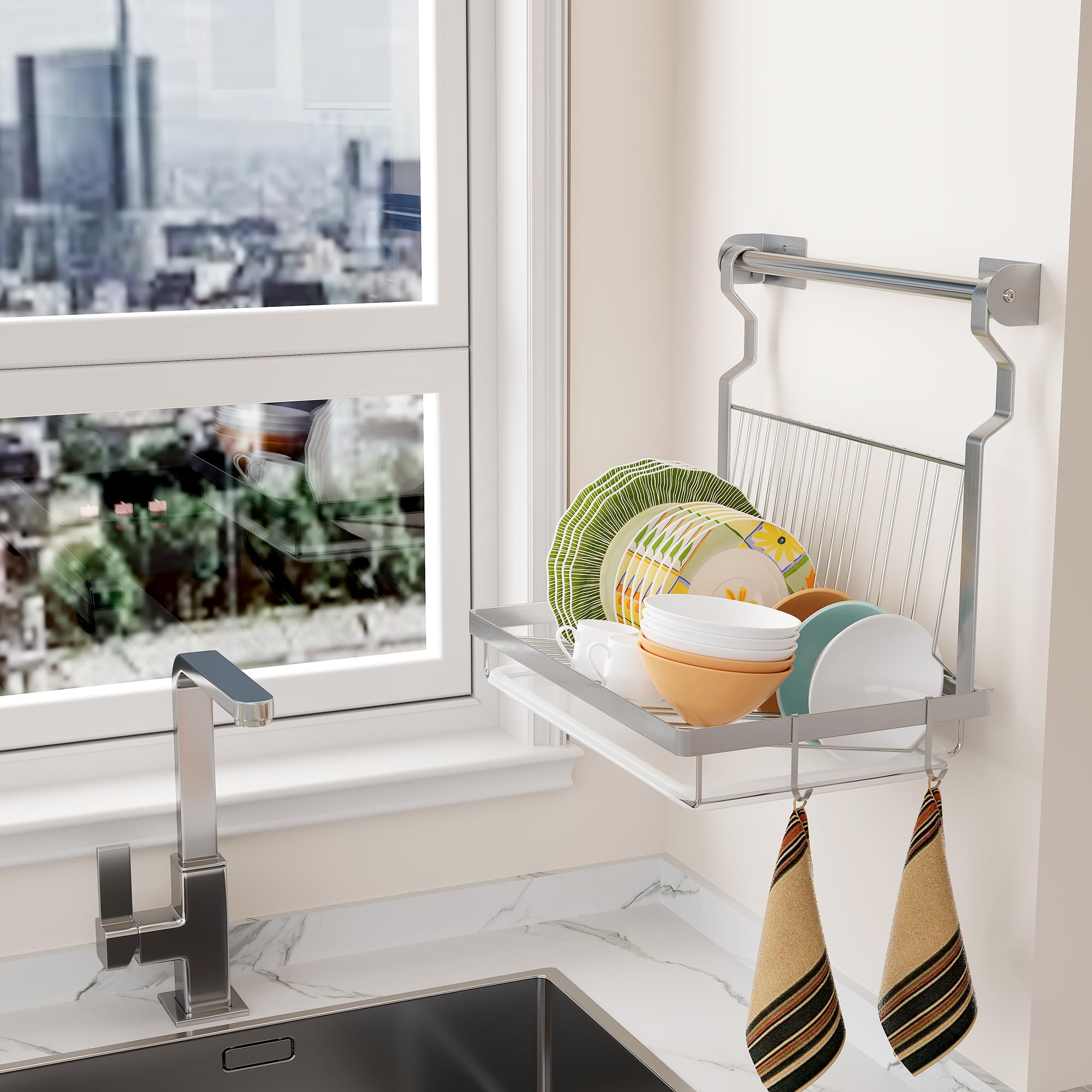 Tqvai Stainless Steel Dish Drying Rack With Drainboard, Rod And Sponge Hook Holder, Hanging Dish Drainer, Over The Sink Dish Rac