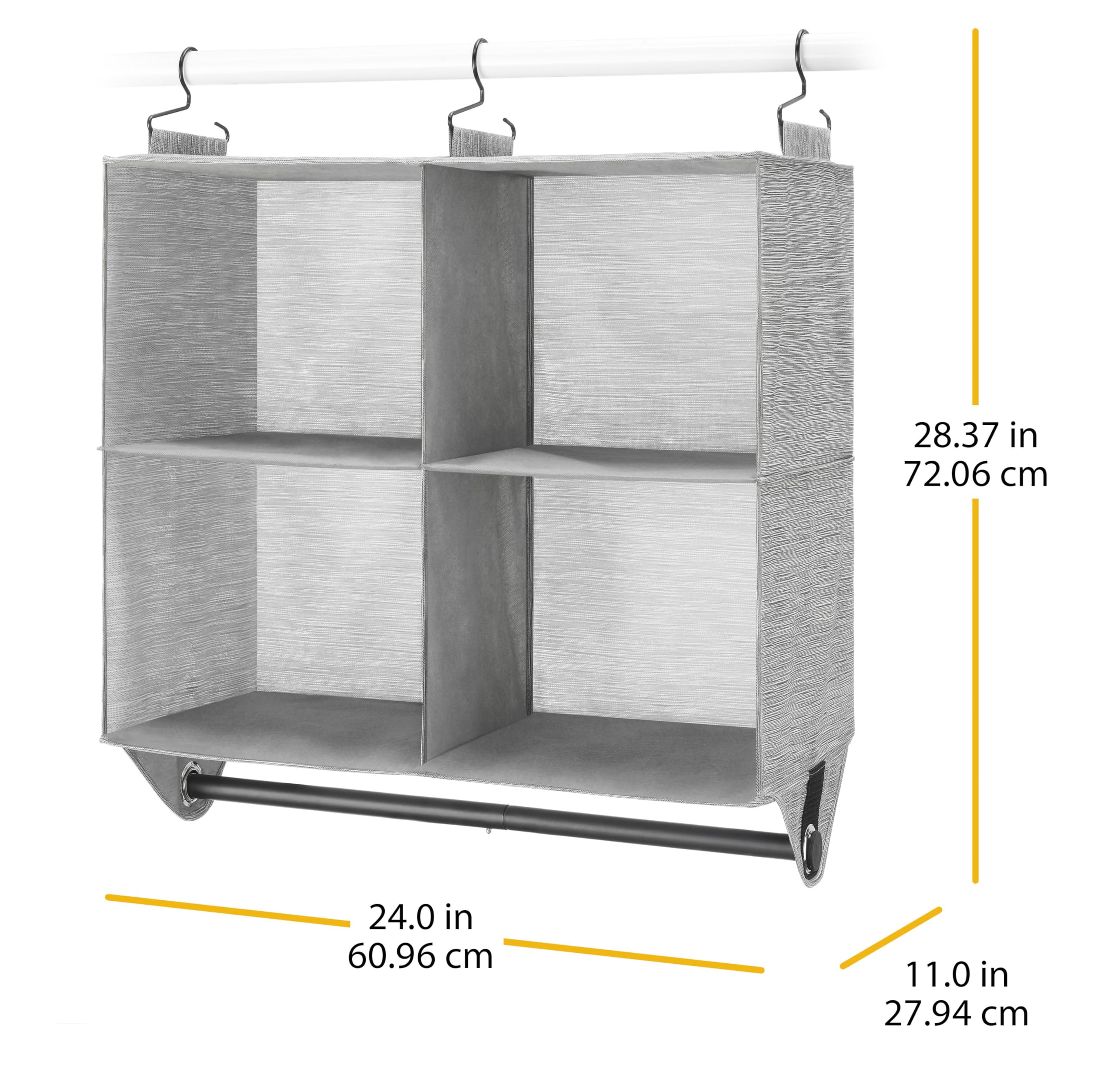 Whitmor Hanging Closet Organizer - 4 Section Closet Organizer With Garment Rod - Space-Dyed Grey