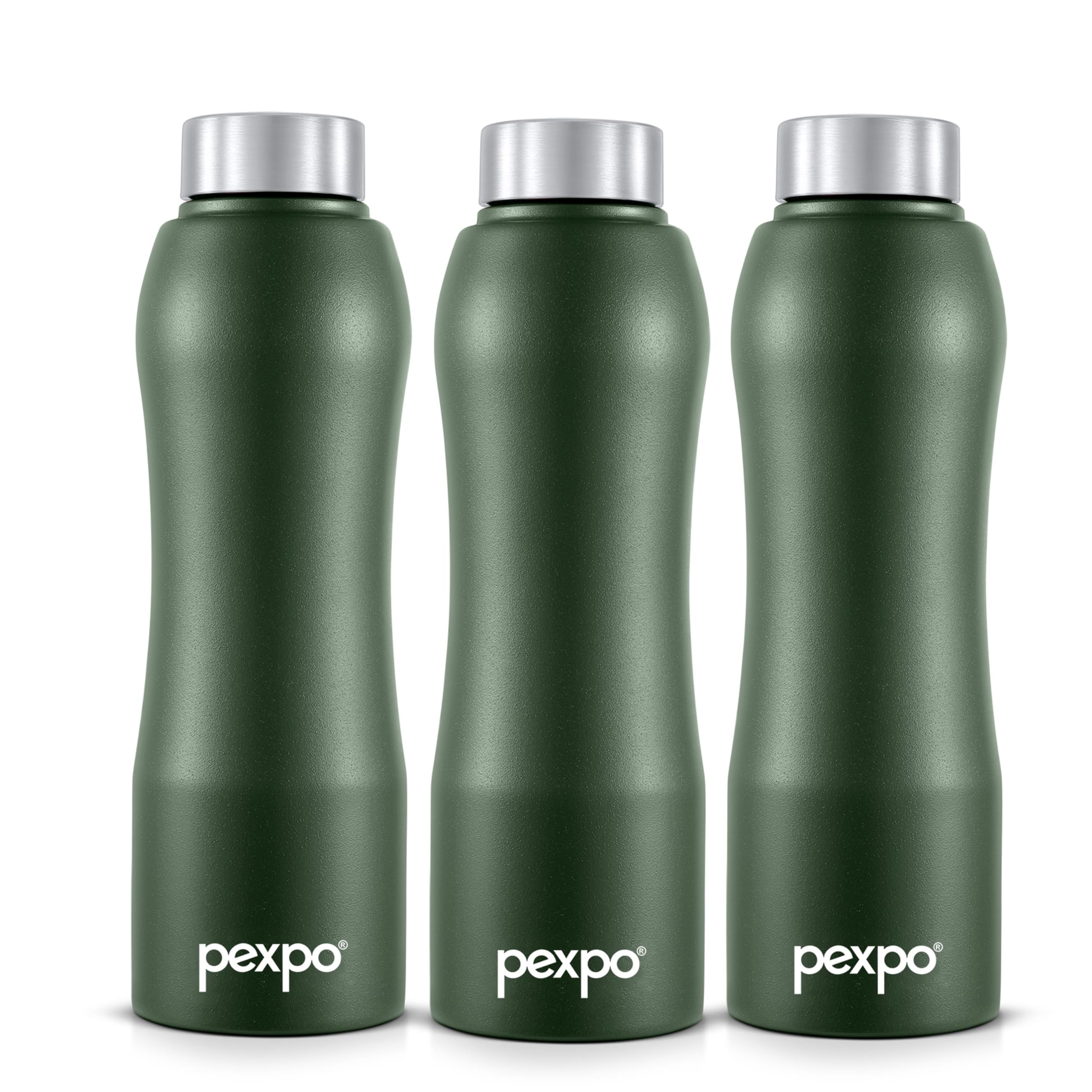 Pexpo Bistro Isi Certified Stainless Steel Fridge/Sports Water Bottle 750Ml, Military Green, Pack Of 3| Single Walled|Easy Grip|