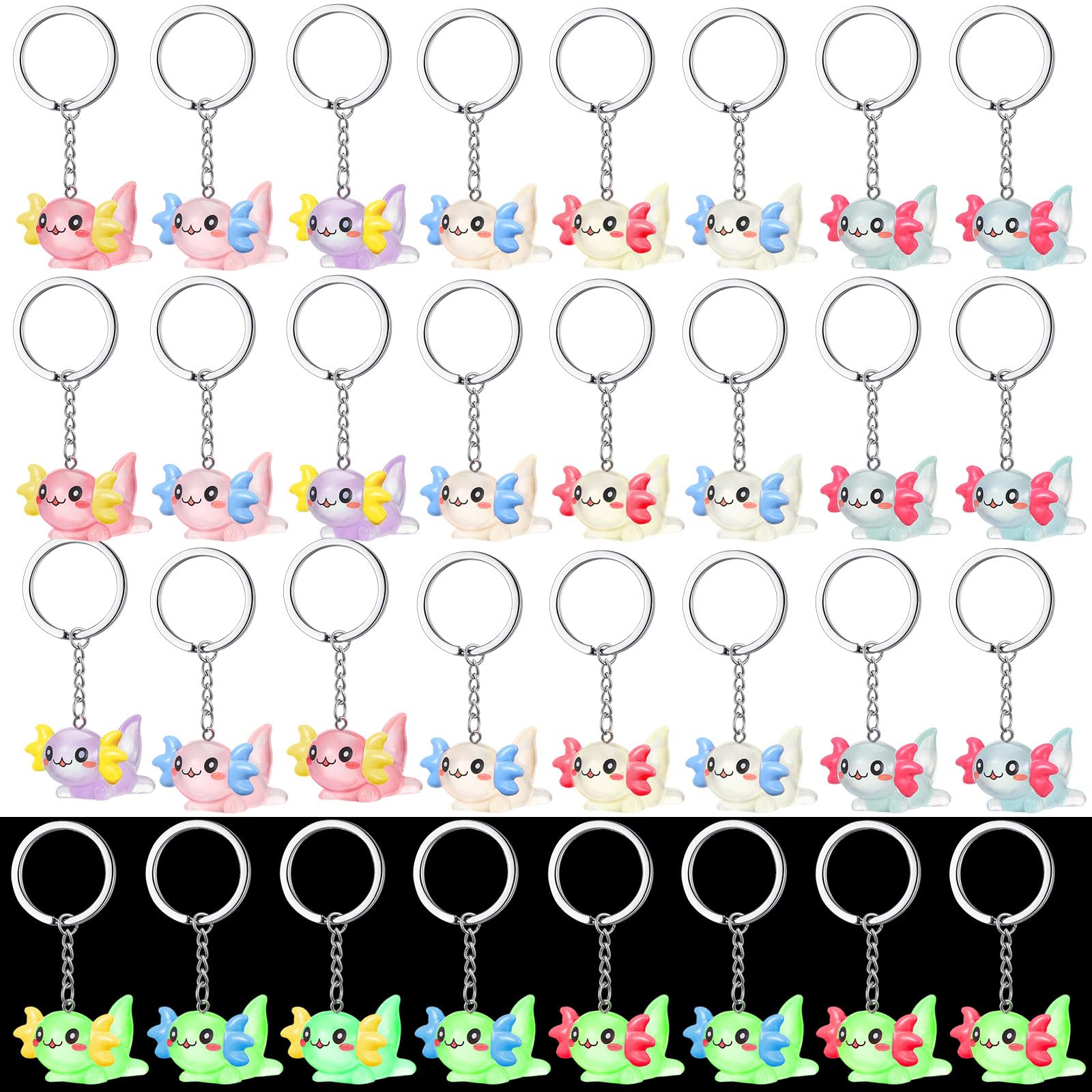 Liliful 24 Pcs Luminous Axolotl Keychains Bulk Glow in The Dark Mini Axolotl Charm Keychains 3D Cartoon Animal Figurine Pendant 