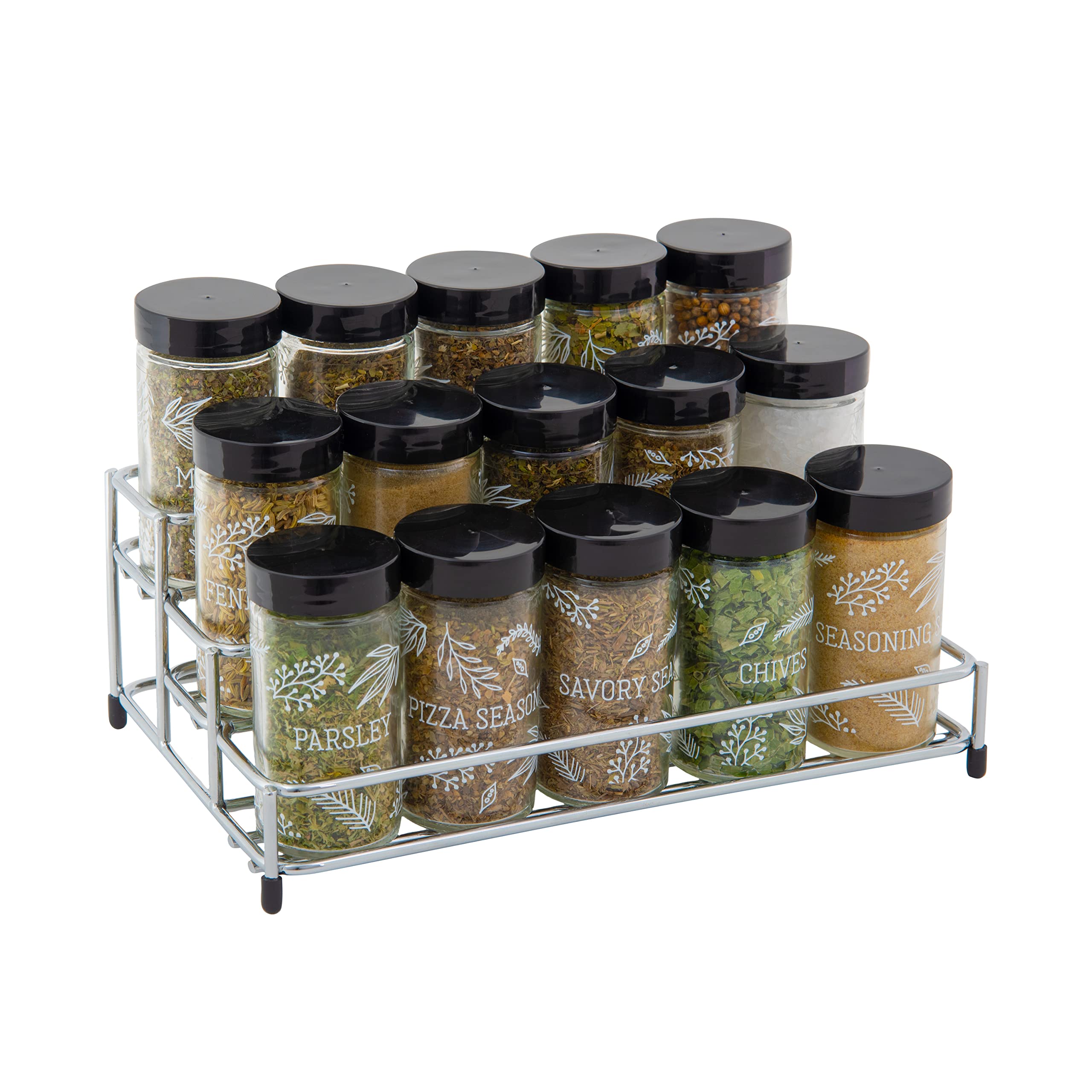 Kamenstein 15 Jar Lincoln Countertop Spice Rack with Spices Included, FREE Spice Refills for 5 Years, Chrome with Black Caps , 9