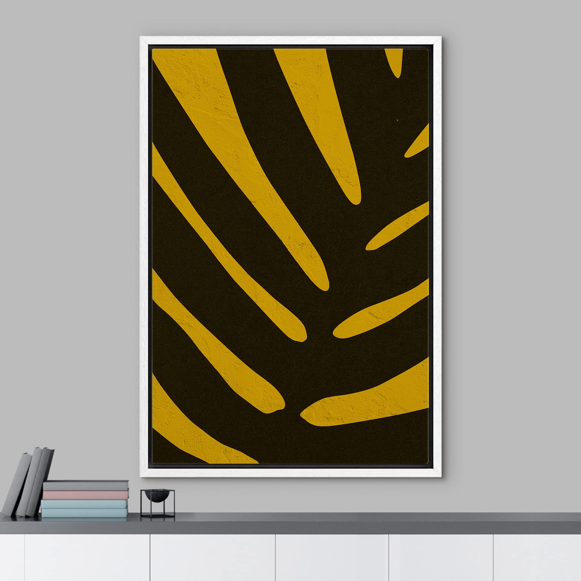 Idea4Wall Framed Canvas Print Wall Art Dark Jungle Leaf Closeup On Yellow Background Floral Wilderness Illustrations Modern Art