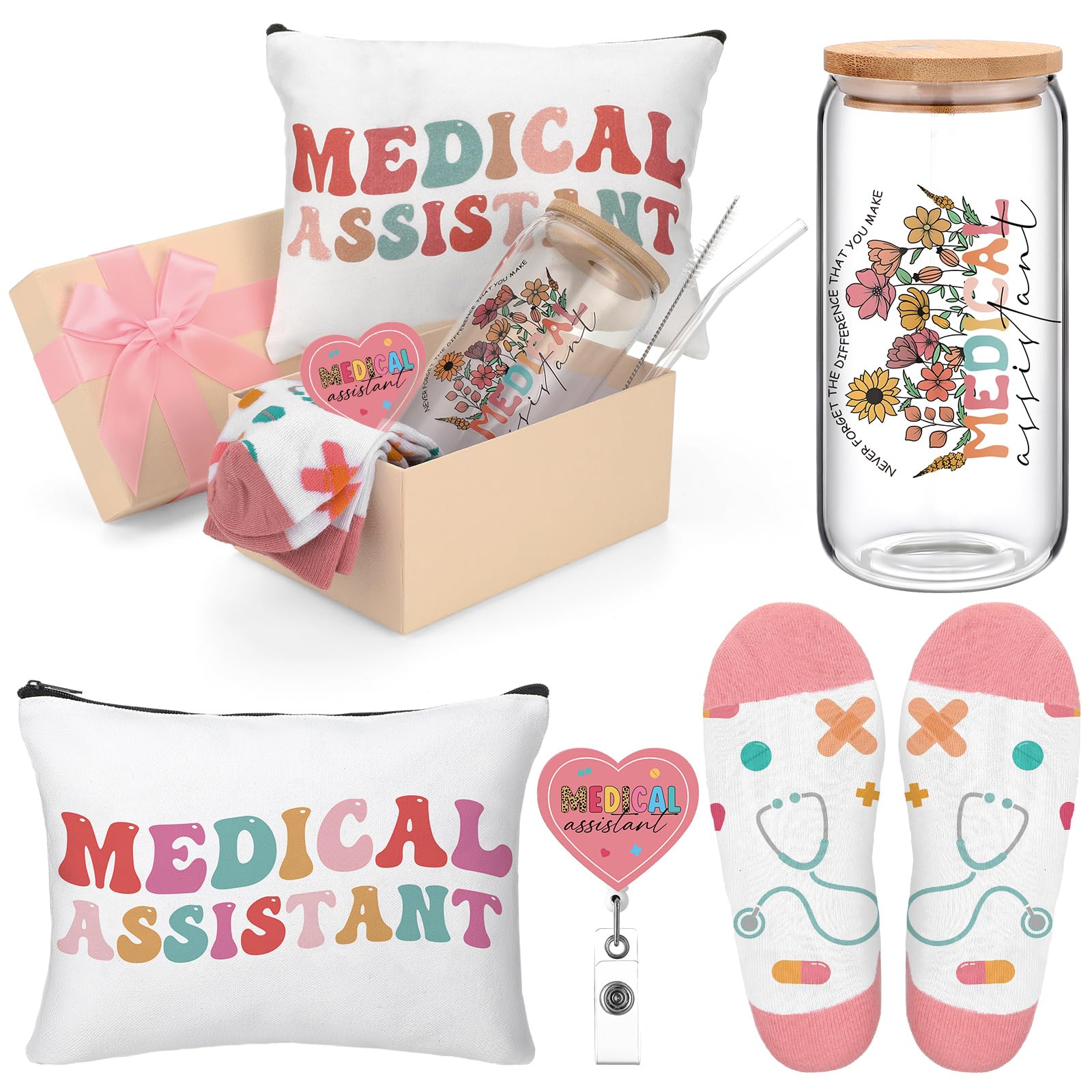 Skylety 5 Pcs Christmas Medical Assistants Gifts Sets for Women 16 oz Glass Cup Sock Cosmetic Bag Badge Reel Present Box Novelty