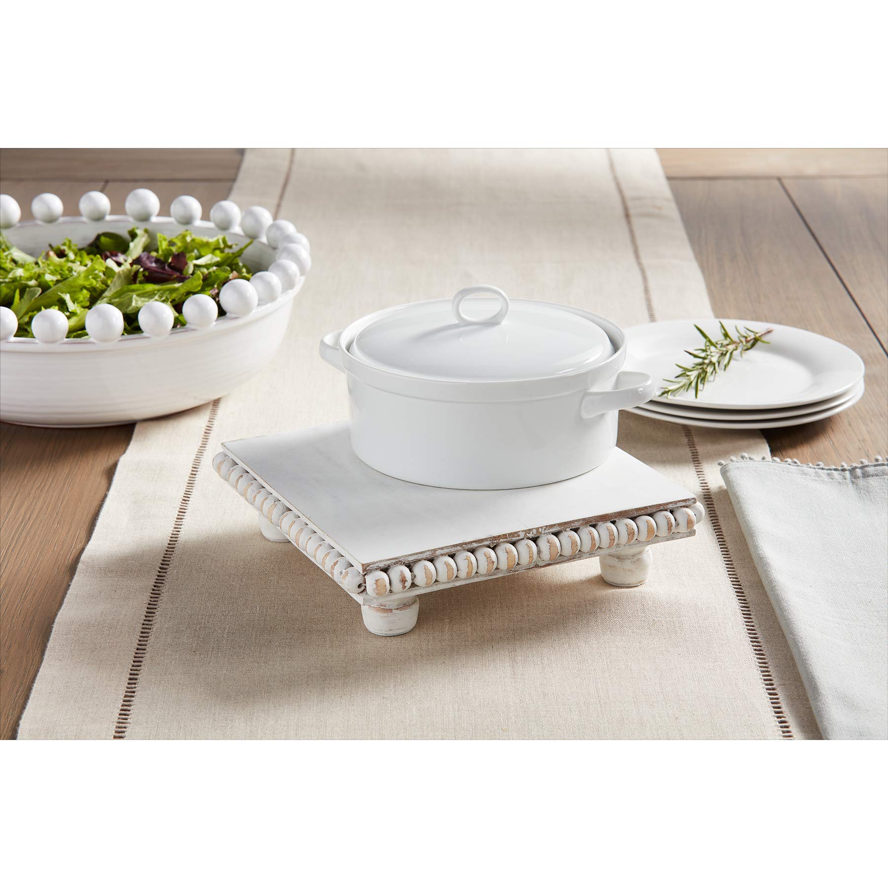 Mud Pie White Wood Beaded Trivet, 8'' X 8''