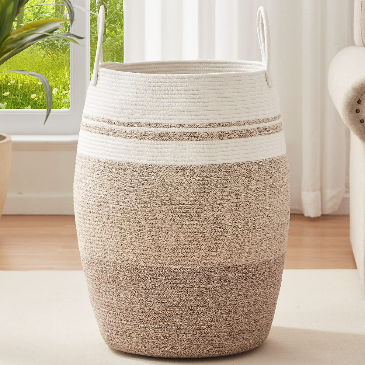 Oiahomy Laundry Hamper Woven Rope Large Clothes Hamper 25.6'' Height Tall Laundry Basket With Extended Handles For Storage Cloth