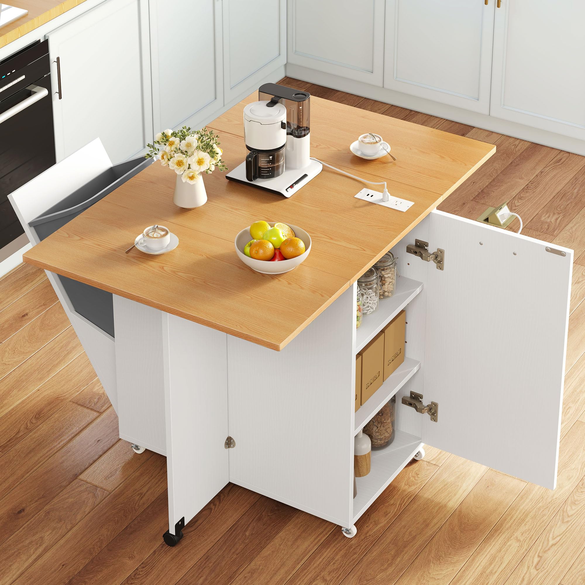 YITAHOME Kitchen Island with Drop Leaf, Folding Extendable Dining Table with Power Outlet, Space Saving Mobile Storage Islands w