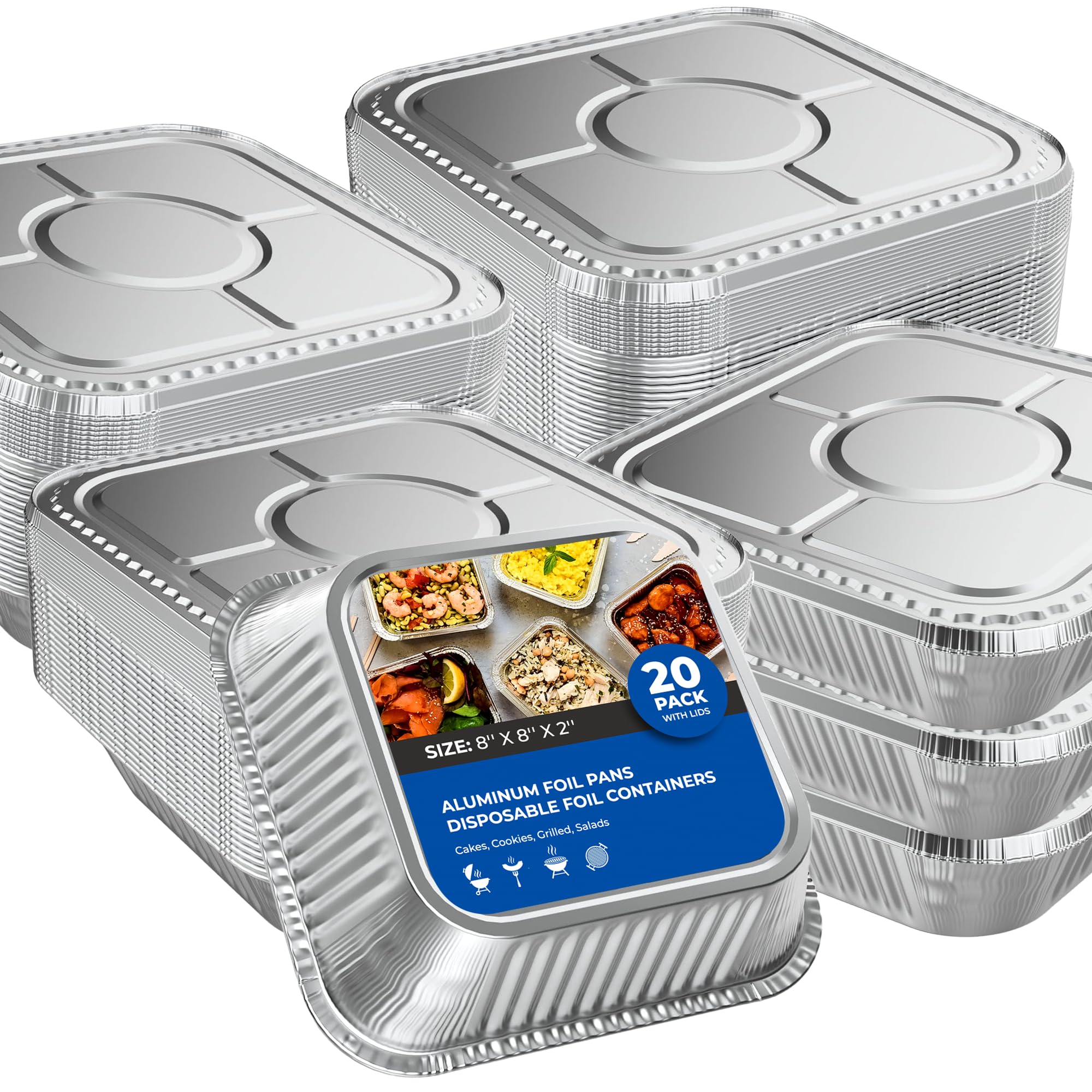Aluminum Pans With Lids 8x8 [20 Sets] Disposable Foil Pans Trays  8 Inch Square Tin Foil Pans With Lids for Baking, Roasting, H