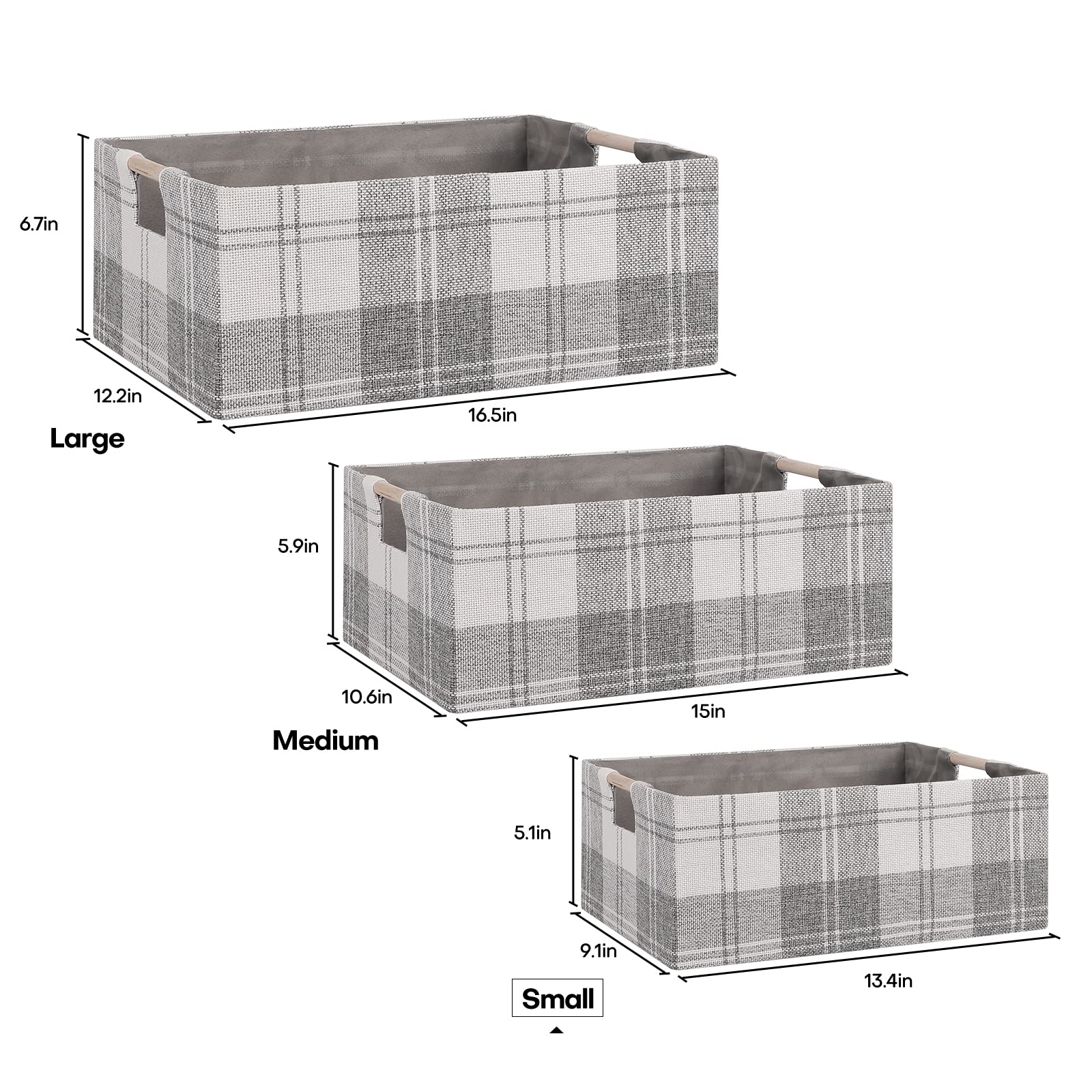 LaMorée Fabric Storage Bin Box - Small Light Gray Plaid Cotton Linen Cube with Wooden Handles - Open Home Organizer