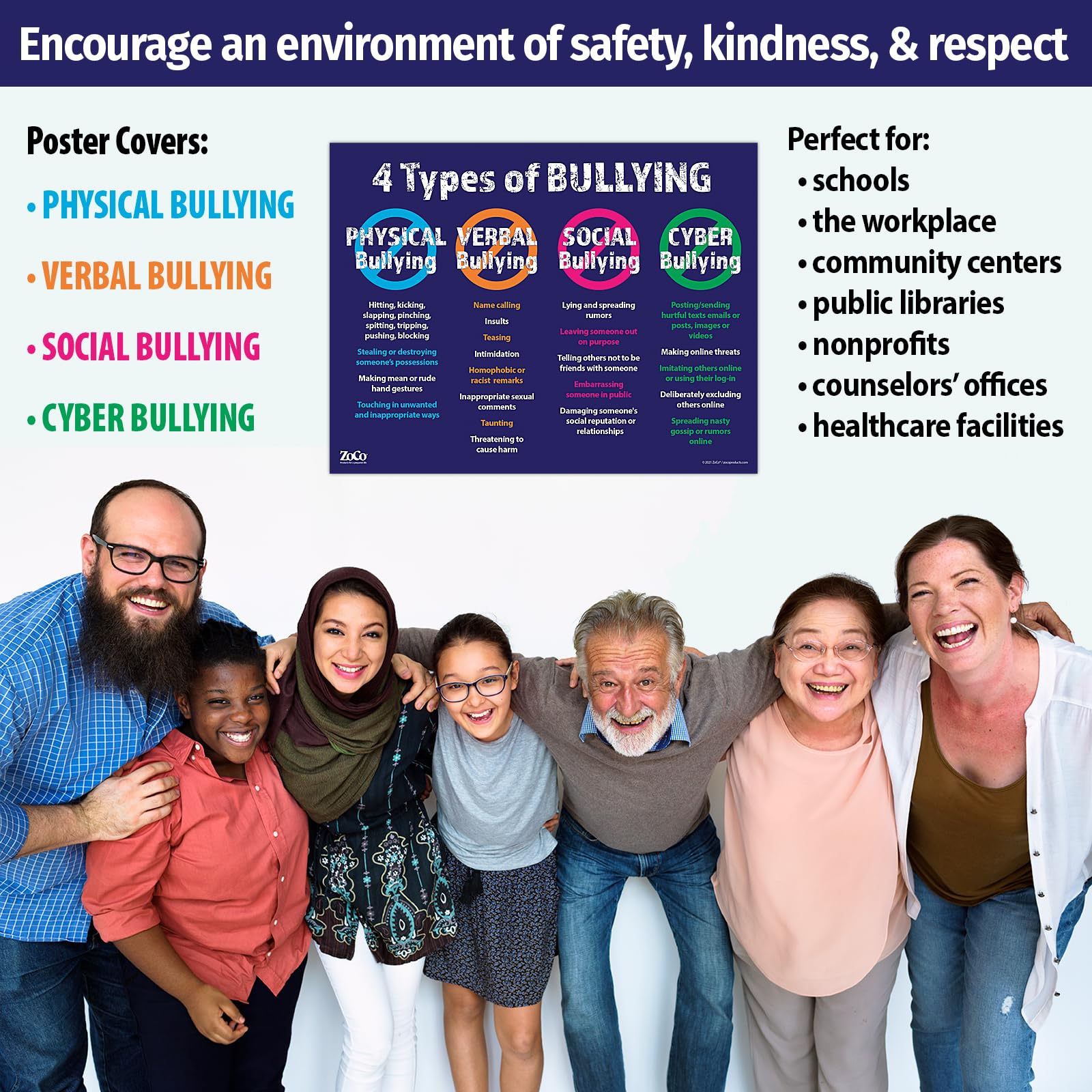 Safety Magnets 4 Types of Bullying Poster - Laminated  17 inches x 22 inches - Bullying Posters for Schools and Workplace - Anti Bullying Posters - No Bullying Poster for Classroom