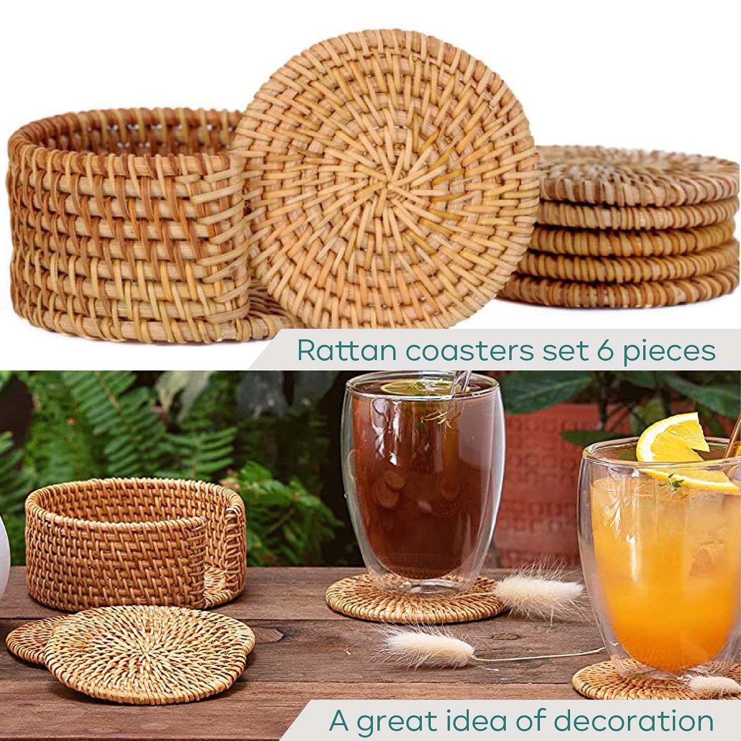 Eneocare Handmade Natural Rattan Coasters For Drinks, Wicker Boho Coasters, Woven Coasters For Drinks | Heat Resistant Reusable