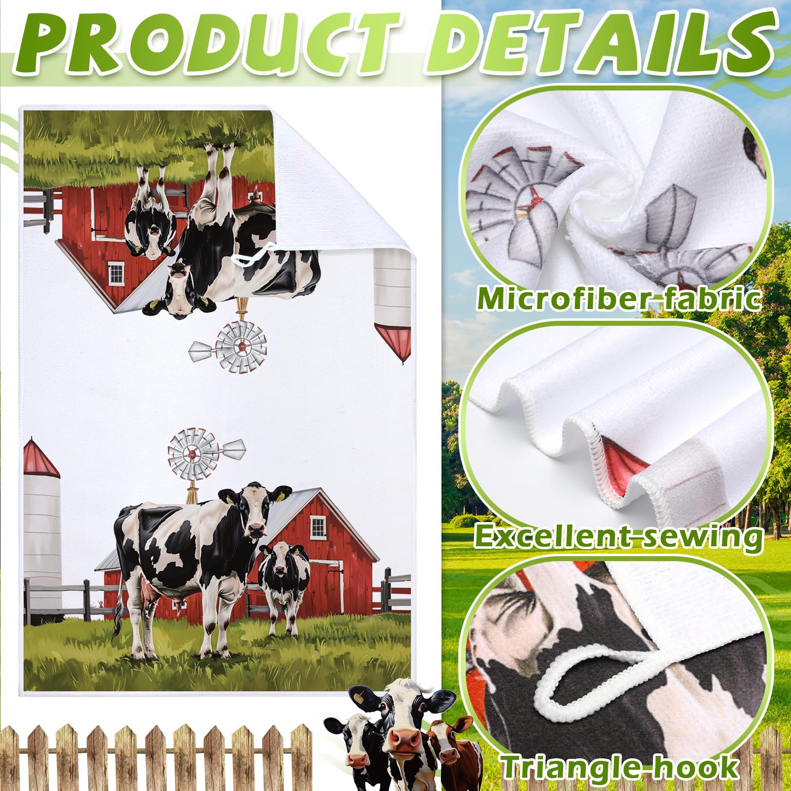 Bencailor 6 Pcs Cow Kitchen Towels Farm Animal Dish Towels 24'' X 16'' Farm Cow Buffalo Plaid Hand Towels Farmhouse Absorbent Te