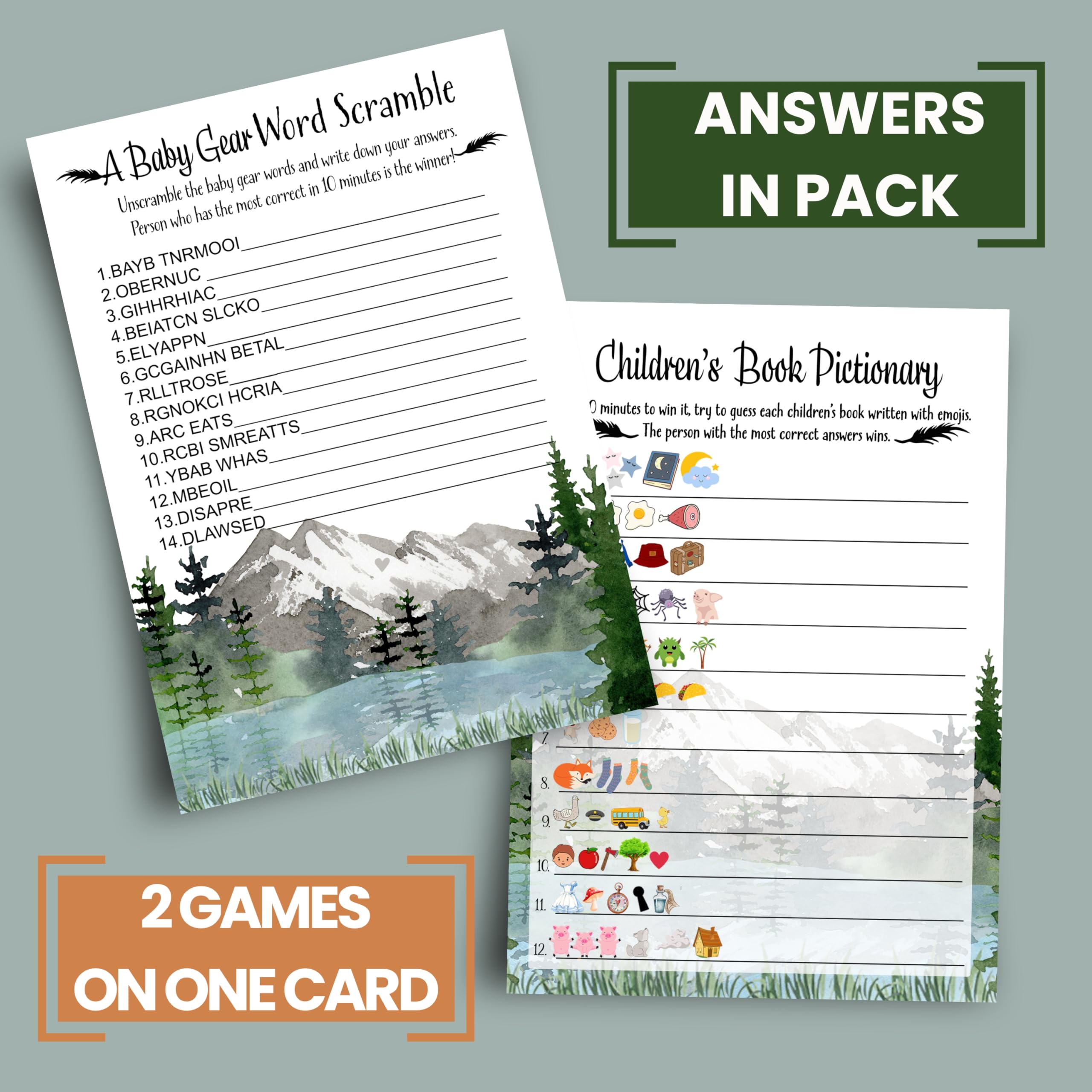 Adventure Awaits Baby Shower Games For Boys - 25 Cards - Guess The Storybook Titles & Baby Word Scramble - Mountain Theme Pack,