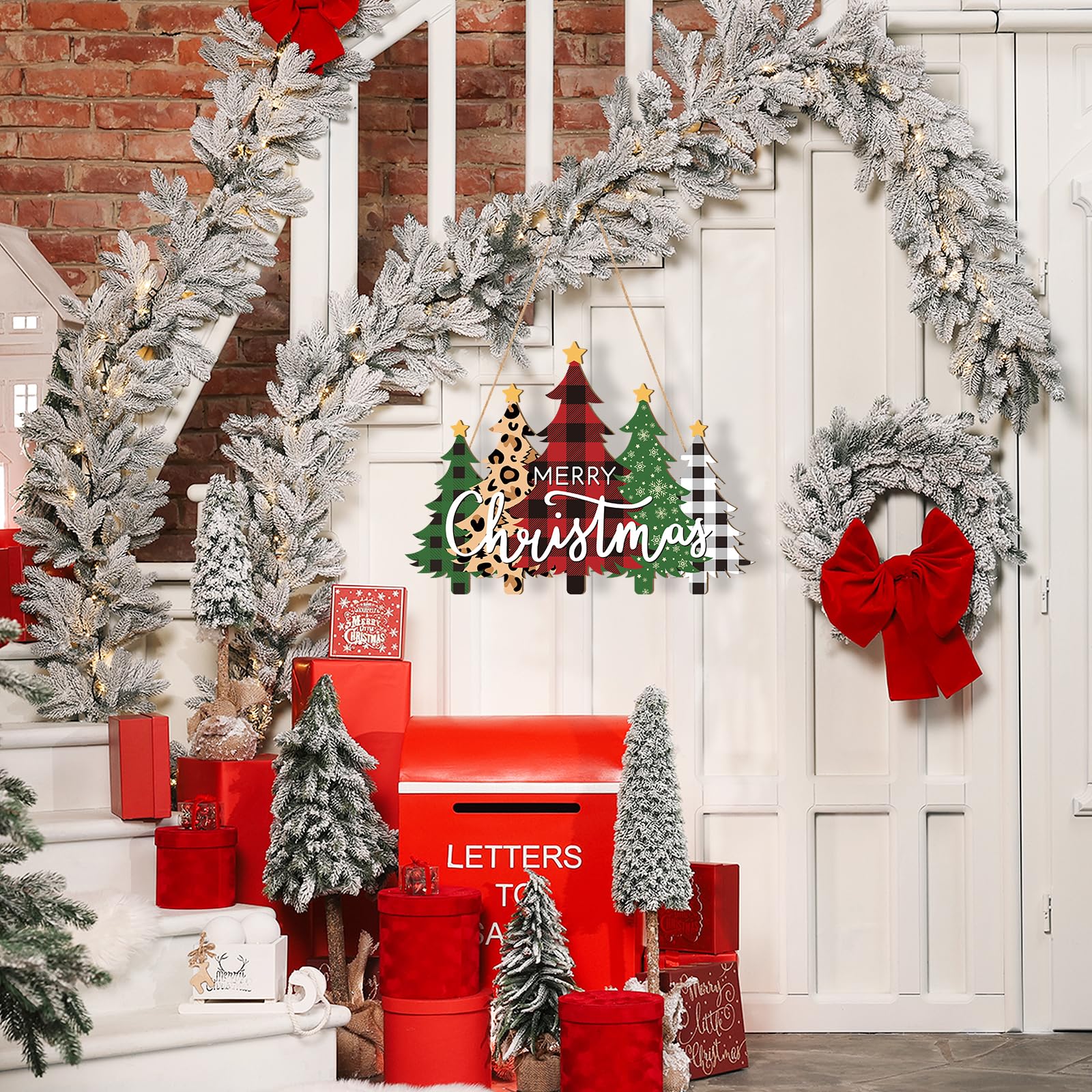 Wooden Christmas Tree Door Wreath for Front Door Sign Wall Signs, Merry Christmas Sign Black White Buffalo Plaid Welcome Hanging