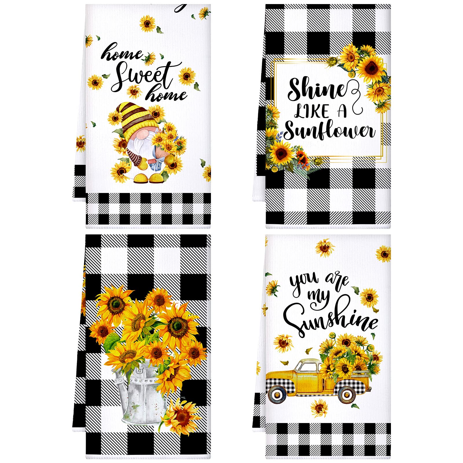 Kajaia 4 Pcs Bee Sunflower Kitchen Towels Summer Gnome Dish Towels Watermelon Lemon Tea Towels Sunshine Hand Towels Absorbent Pl