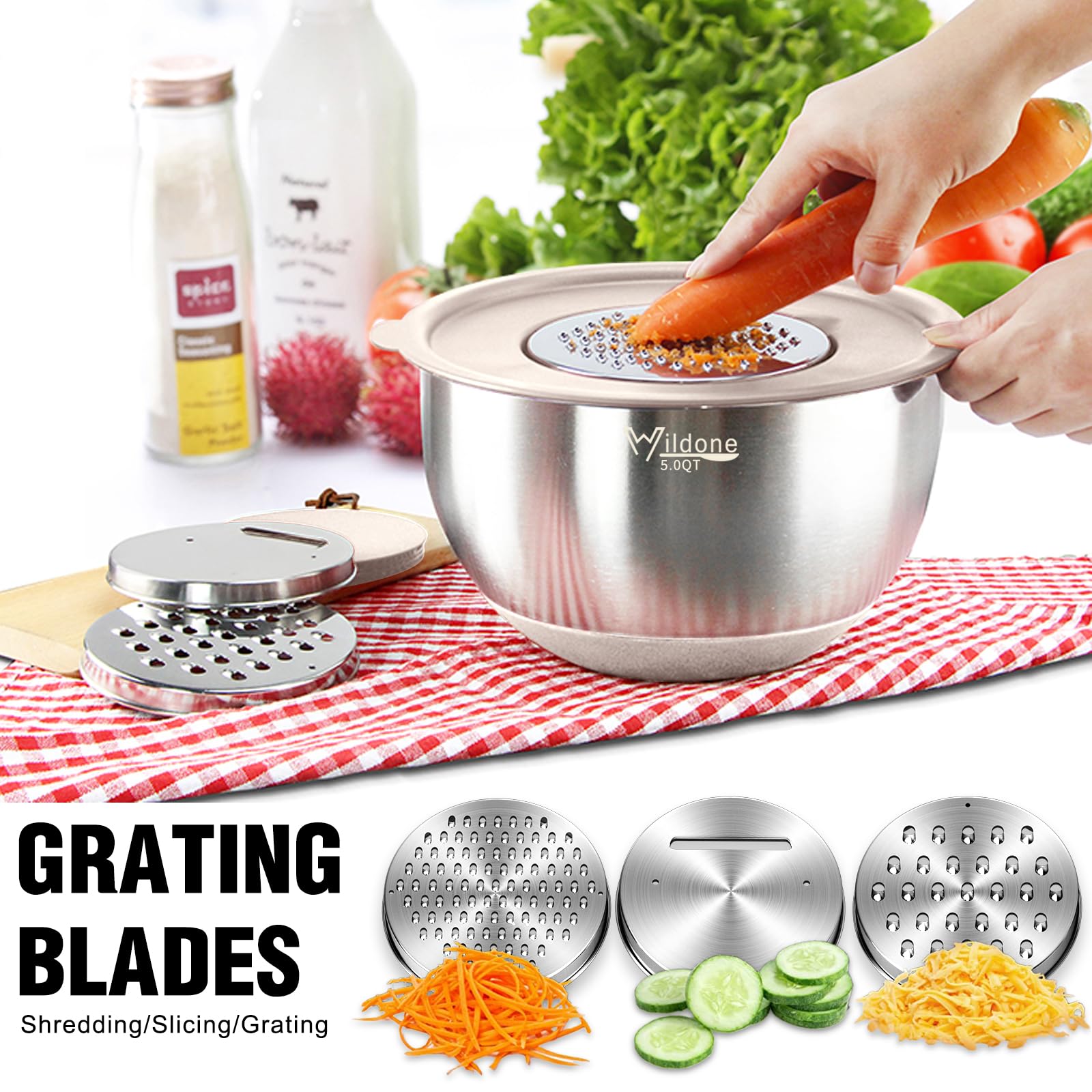 Wildone Mixing Bowls With Airtight Lids, 27 Pcs Stainless Steel Nesting Bowls, With 3 Grater Attachments, Scale Mark & Non-Slip