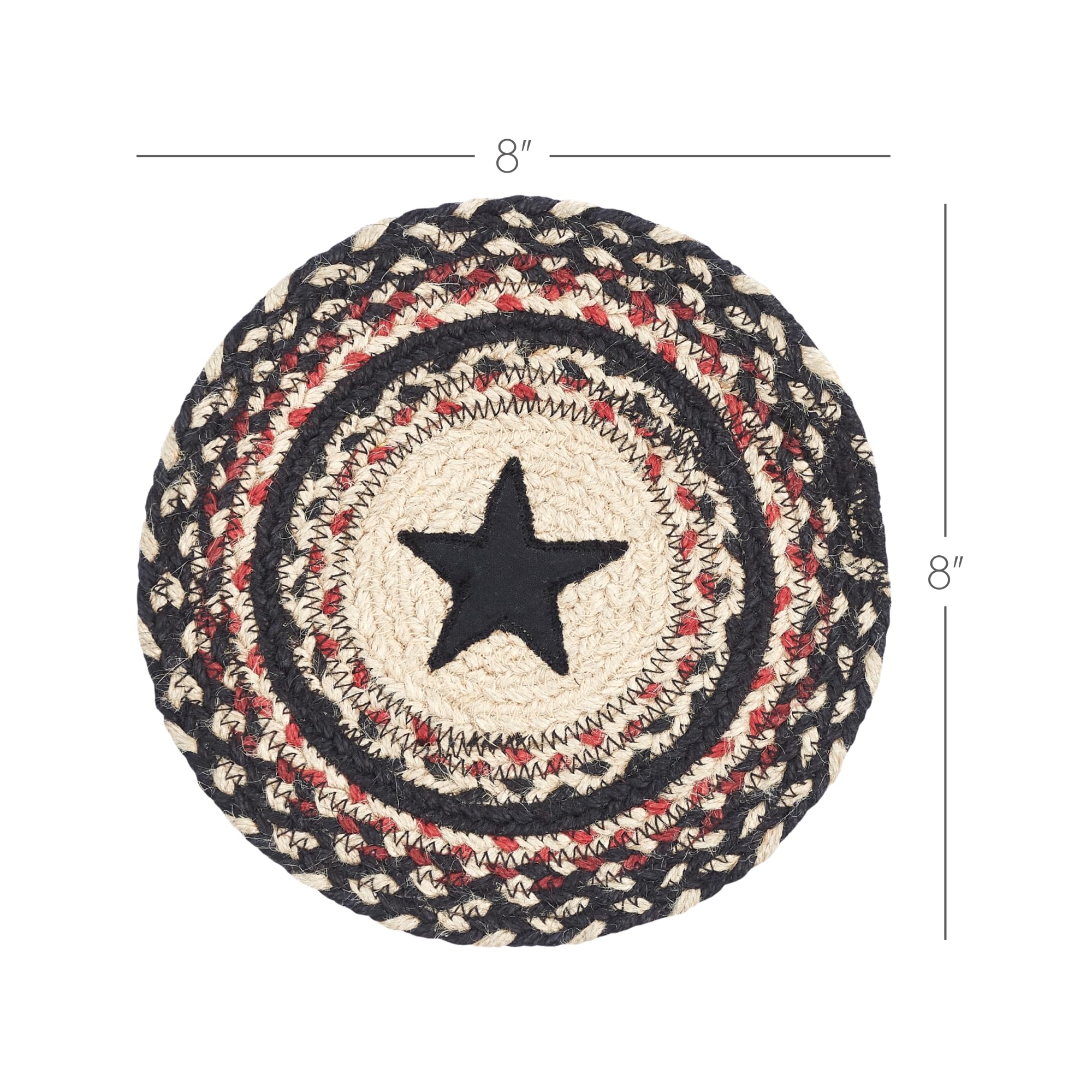 Vhc Brands Colonial Star Trivet Hot Pad For Pots Pans, Tan Black Red, Jute Blend, Round Circle, 8 Inches
