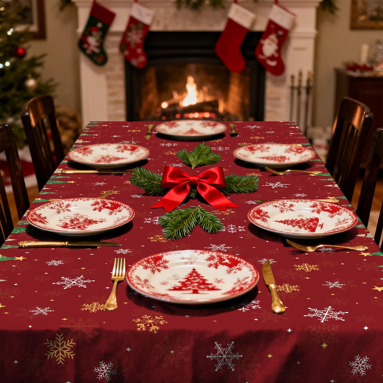 3-Piece 54 x 108 Inch Christmas Tree Plastic Tablecloth - Holiday Disposable Red and Green Table Cover for Christmas Dinners, Wi