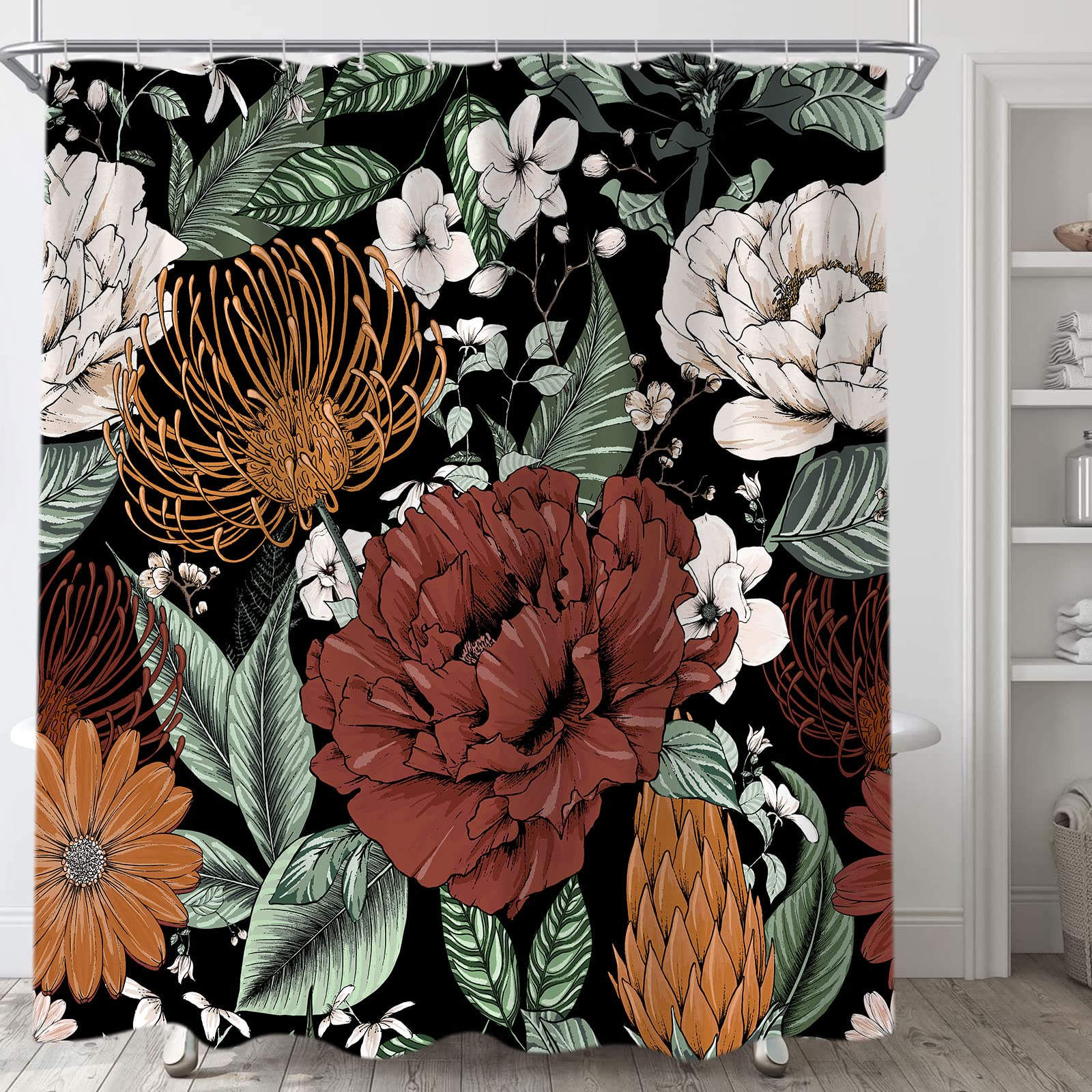 Sanzugh Boho Floral Shower Curtain, Pretty Vintage Bohemian Flower Botanical Leaves Fabric Shower Curtains Set For Bathroom Deco