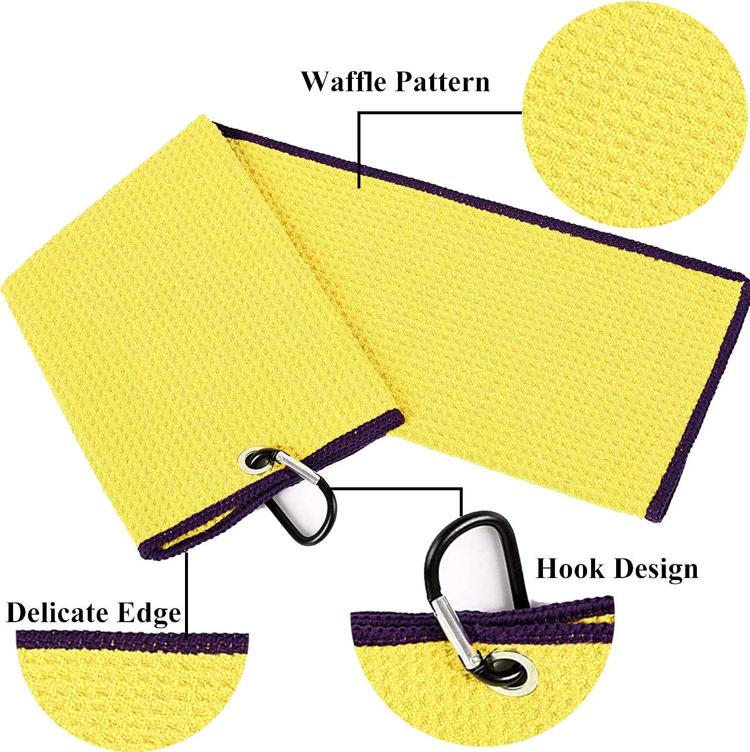Vividly 2 Pack Tri-Fold Golf Towels, Premium Microfiber Fabric Waffle Pattern With Black Heavy Duty Carabiner Clip, Yellow Golf