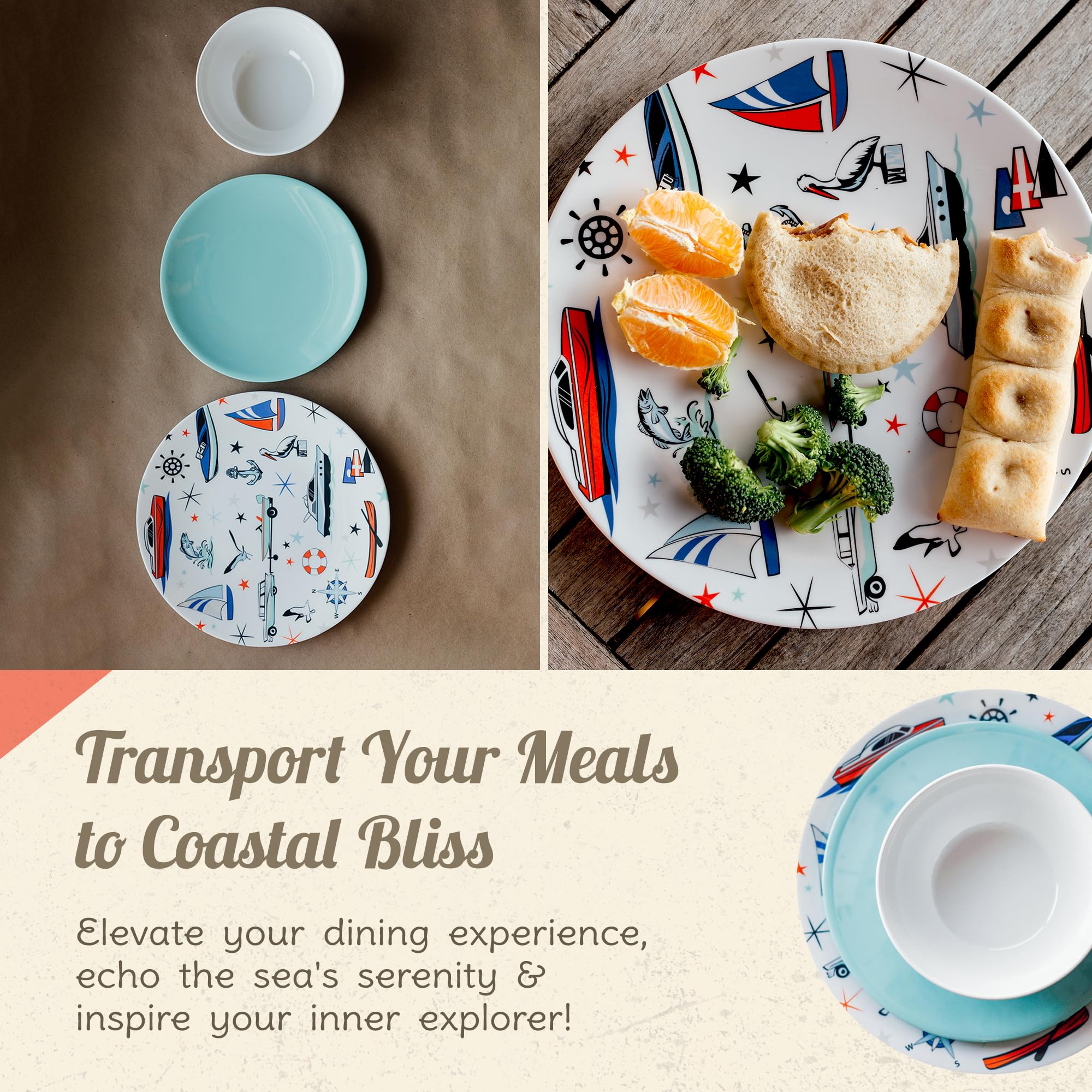Melamine Dinnerware Sets - 6-pc Marine Dish Set - 2 Bowls, 2 Salad & 2 Dinner Melamine Plates for Indoor & Outdoor - BPA Free, D
