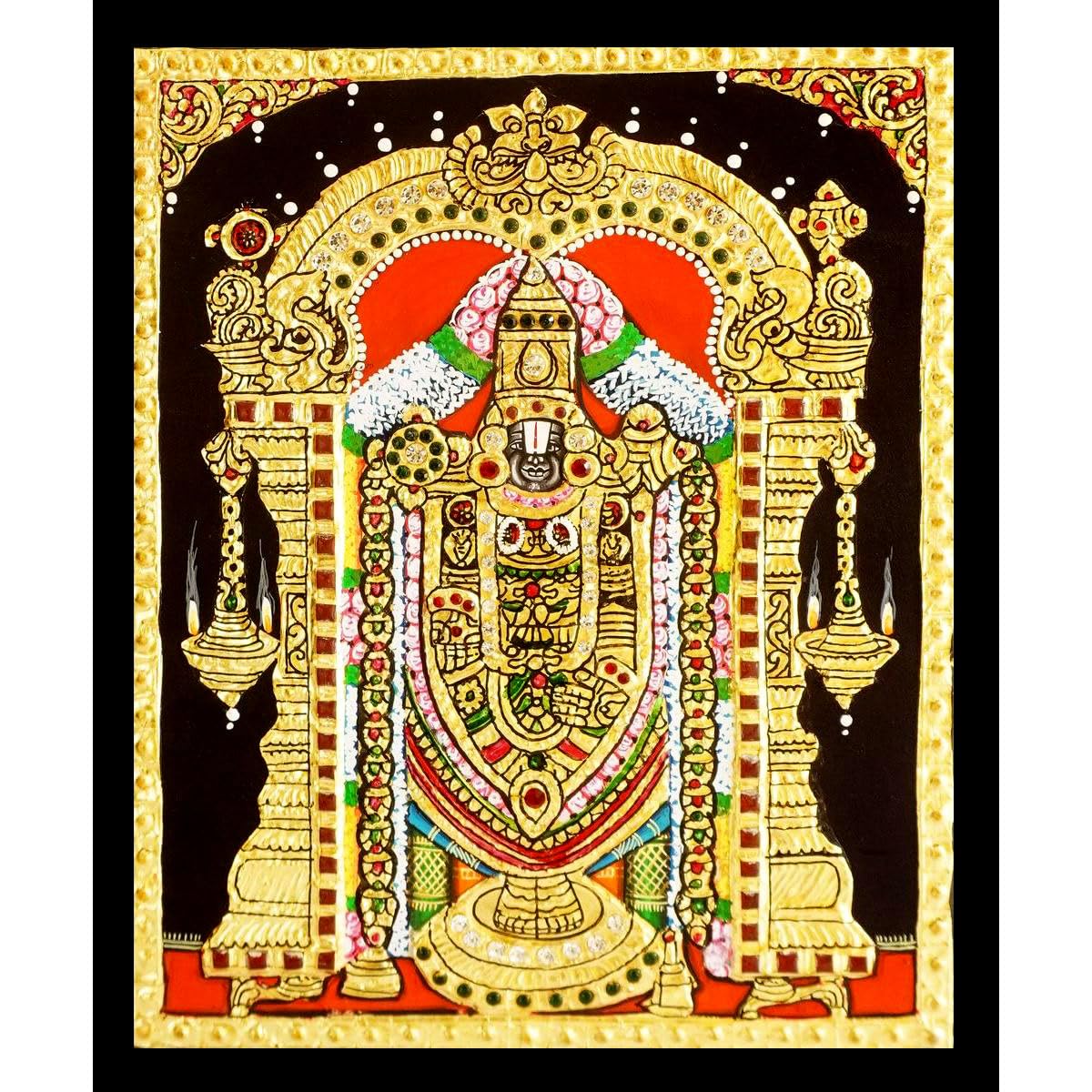 Tarang Arts Lord Balaji Tanjore Paintings With Wooden Frame, Jaipur Stones Hand Painting, 2D Emboss Design & 22-Carat Gold Foil