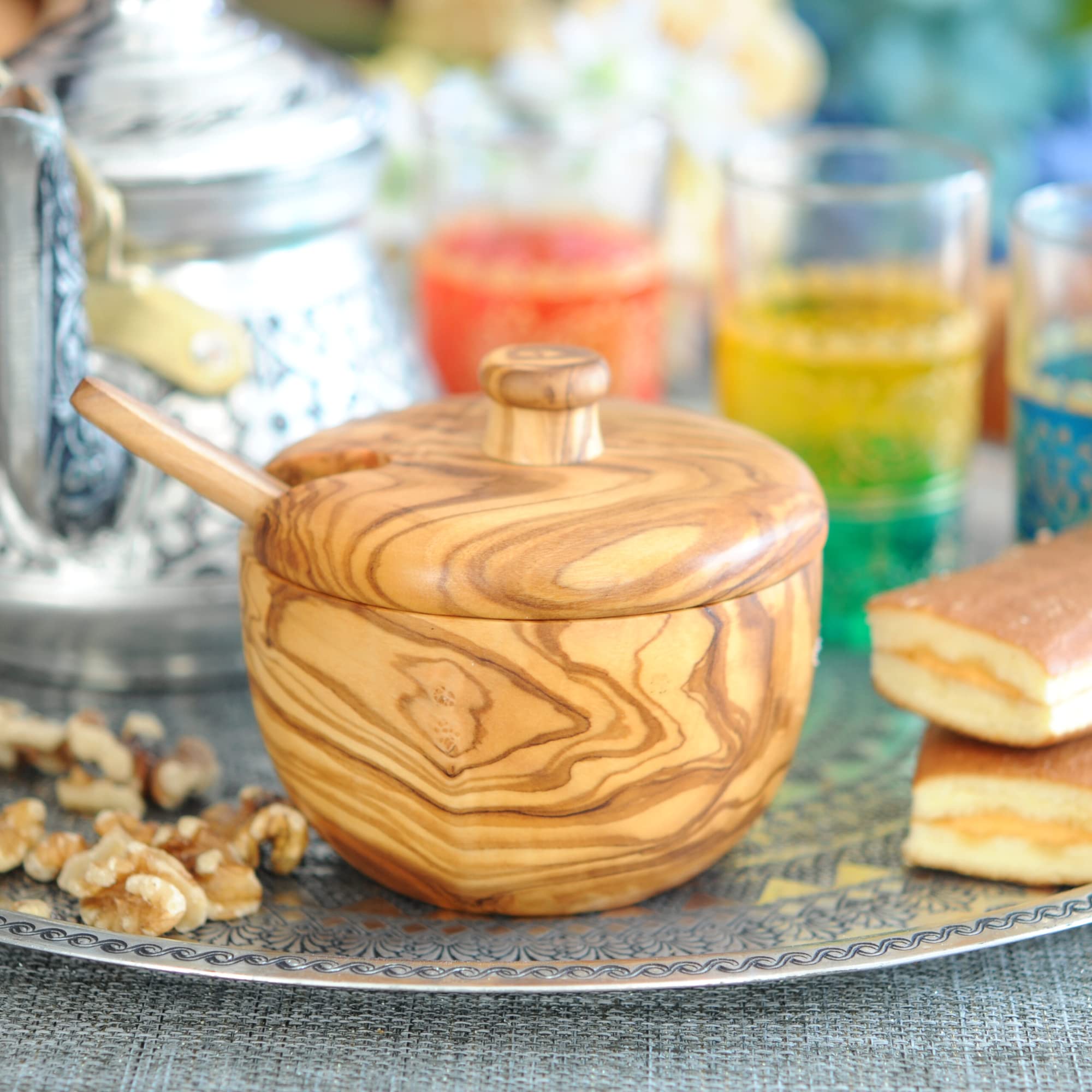 Beldinest Olive Wood Sugar Bowl (Round Canister)