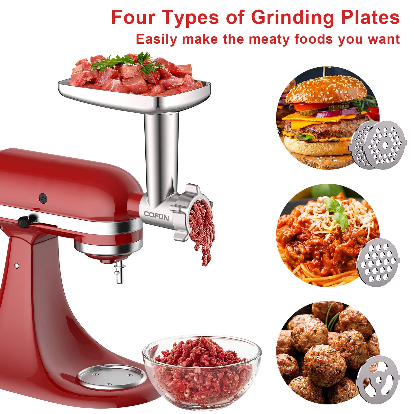 Metal Meat Grinder Attachment For Kitchenaid Stand Mixers, Meat Grinder Attachment Includes 4 Grinding Plates, 3 Sausage Stuffer