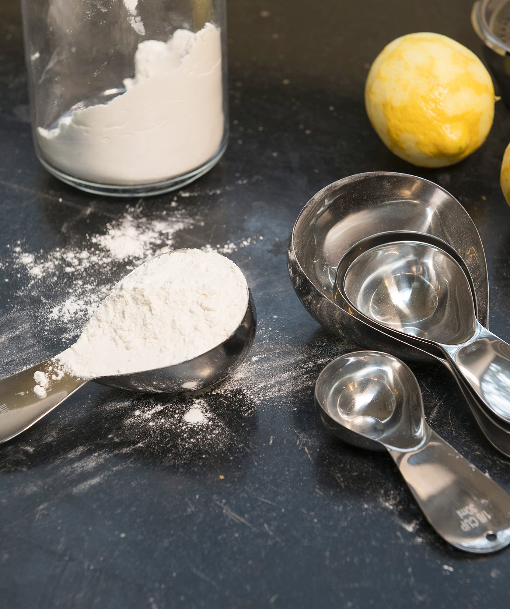 RSVP International Endurance Stainless Steel Oval Measuring Cups  Set of 4 | 1/8 Cup to 1 Cup Measurements | Nest for Easy Storage | Dishwasher Safe | Dry or Liquid | Baking or Cooking